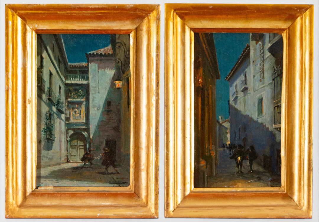 Pair of cityscapes with figures – Spanish School – 19th century