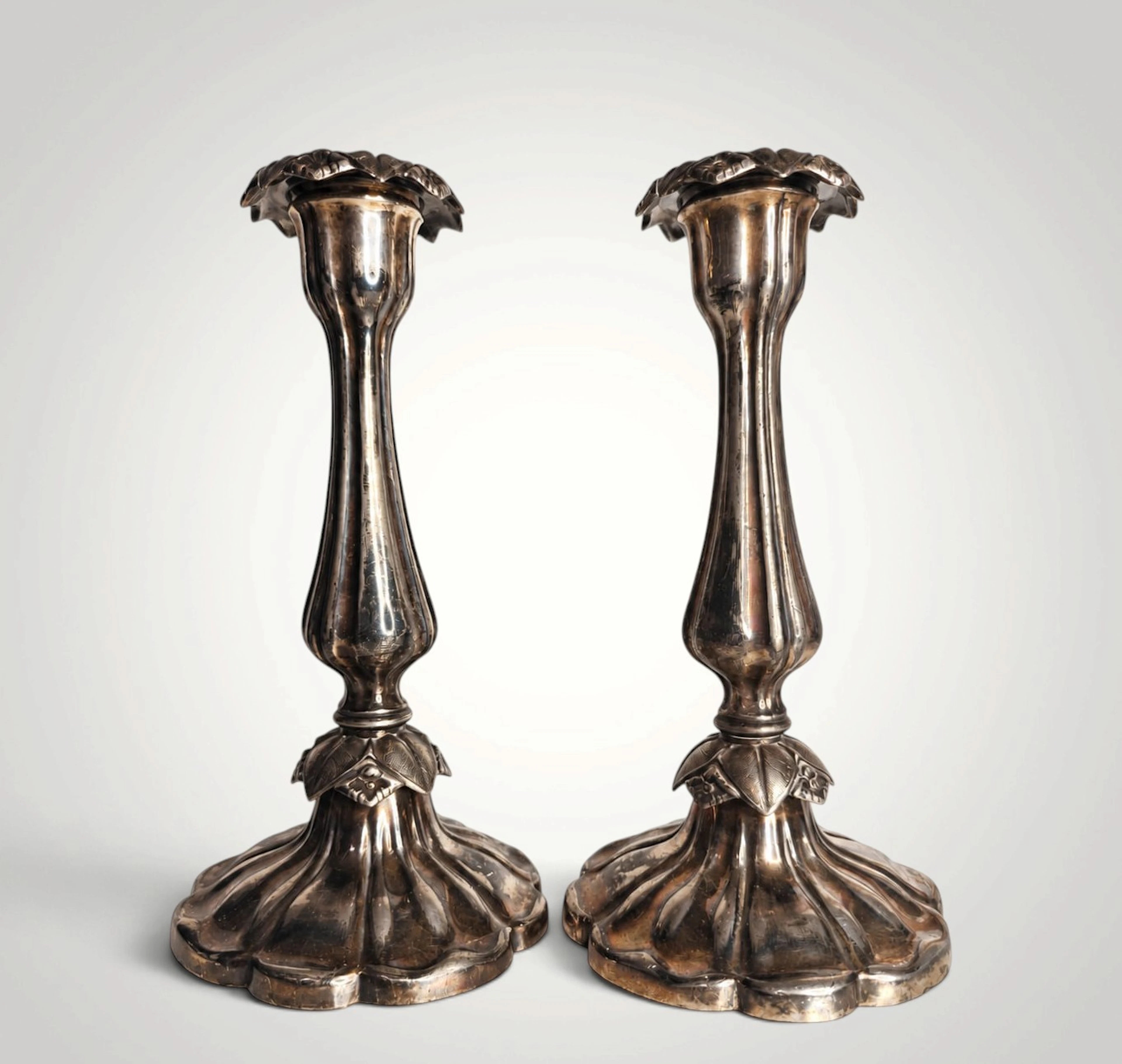 Pair of silver-plated Large candlesticks, 19th Century
