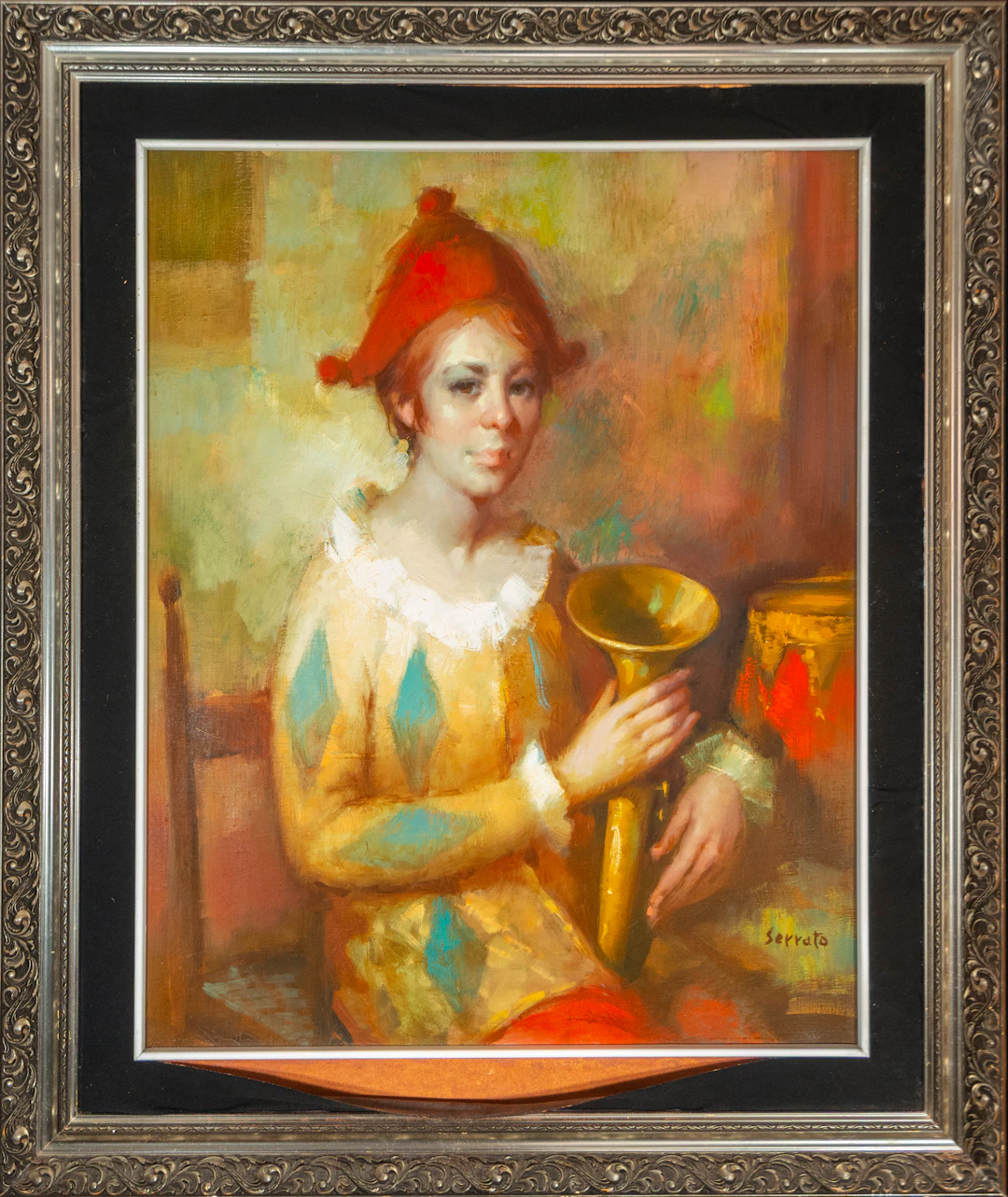 Harlequin musician, signed “Serrato” – European School – 20th century