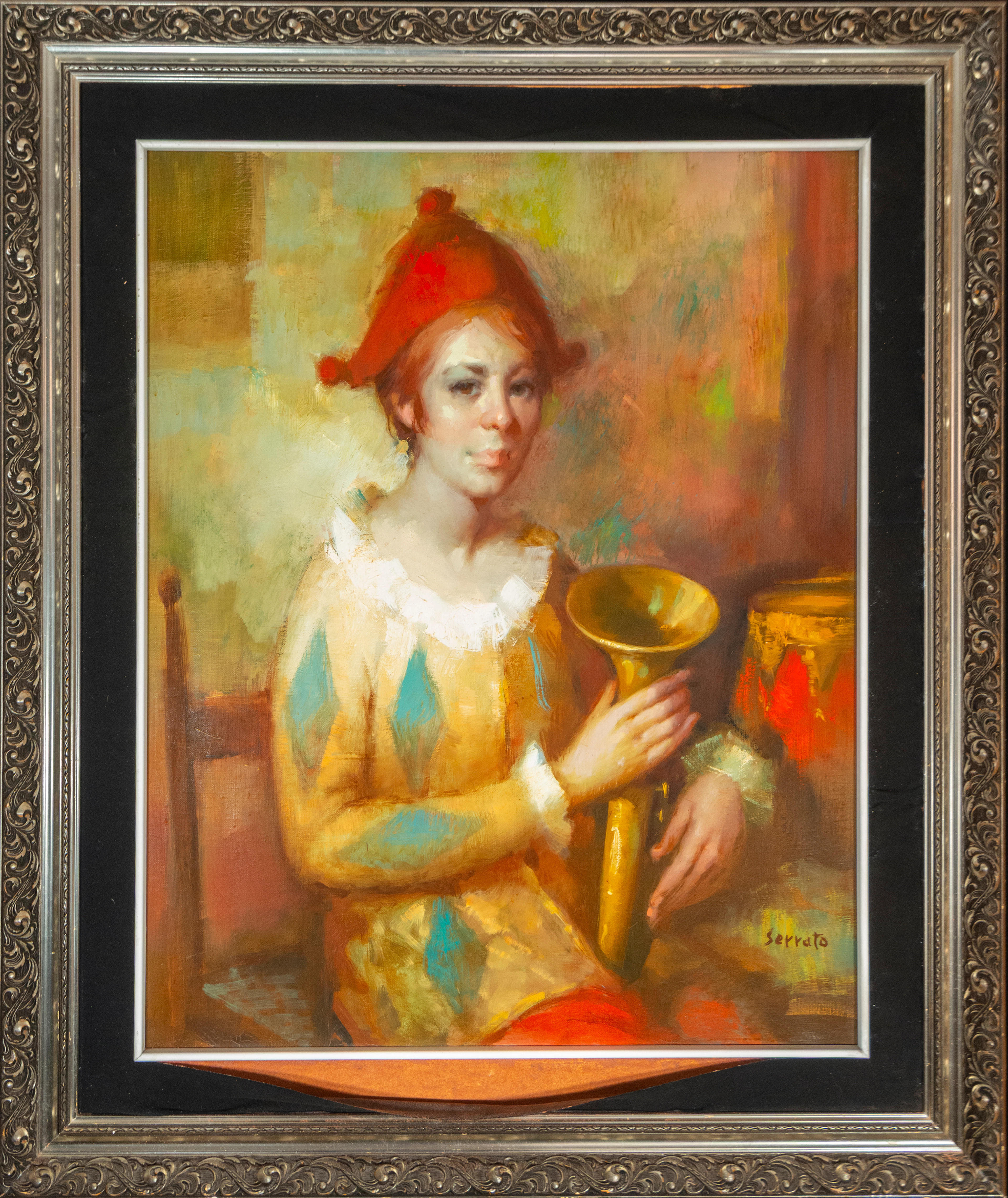 Harlequin musician, signed “Serrato” – European School – 20th century