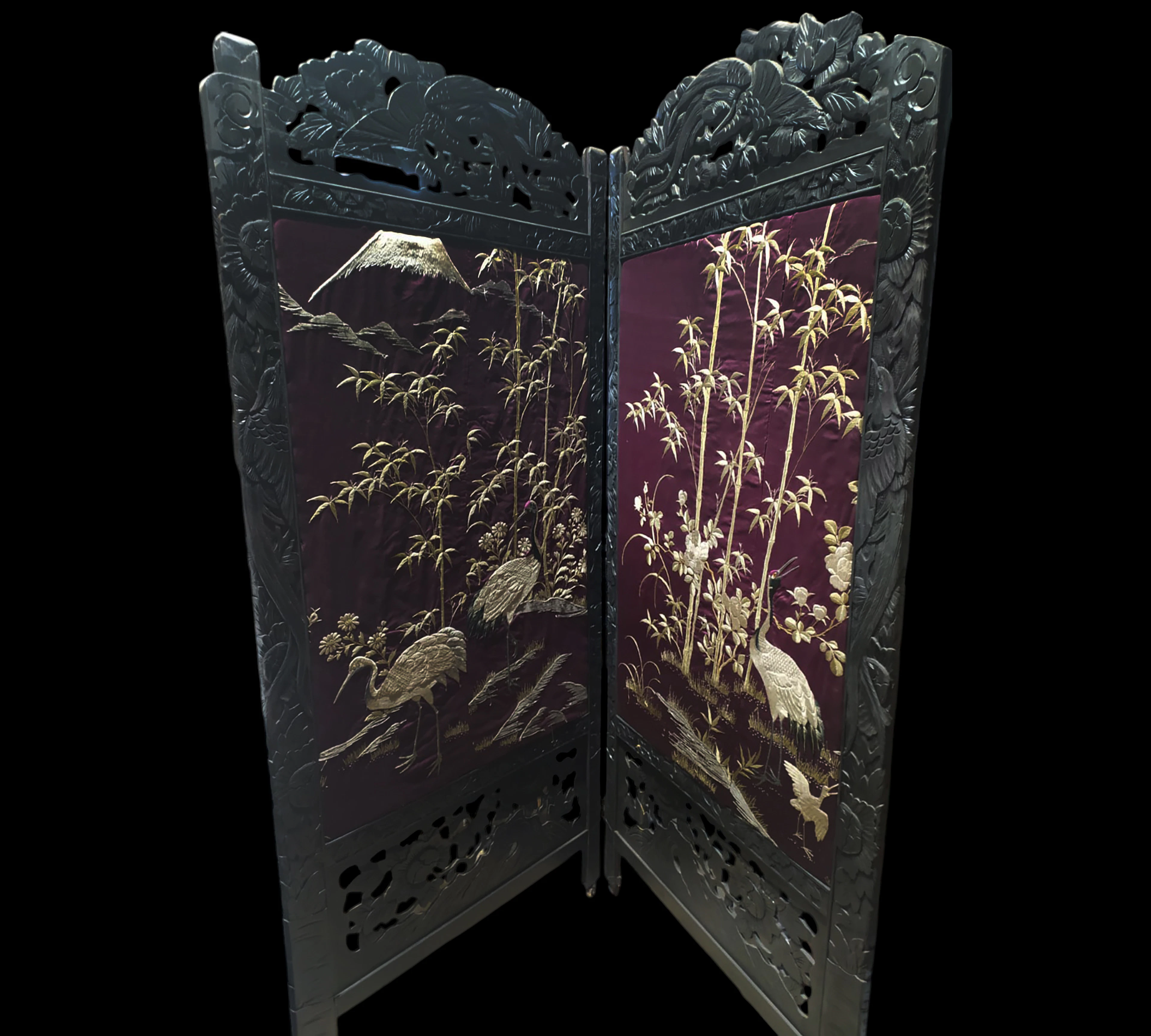 Japanese silk-woven folding screen, two-leaf, Meiji period, 19th century