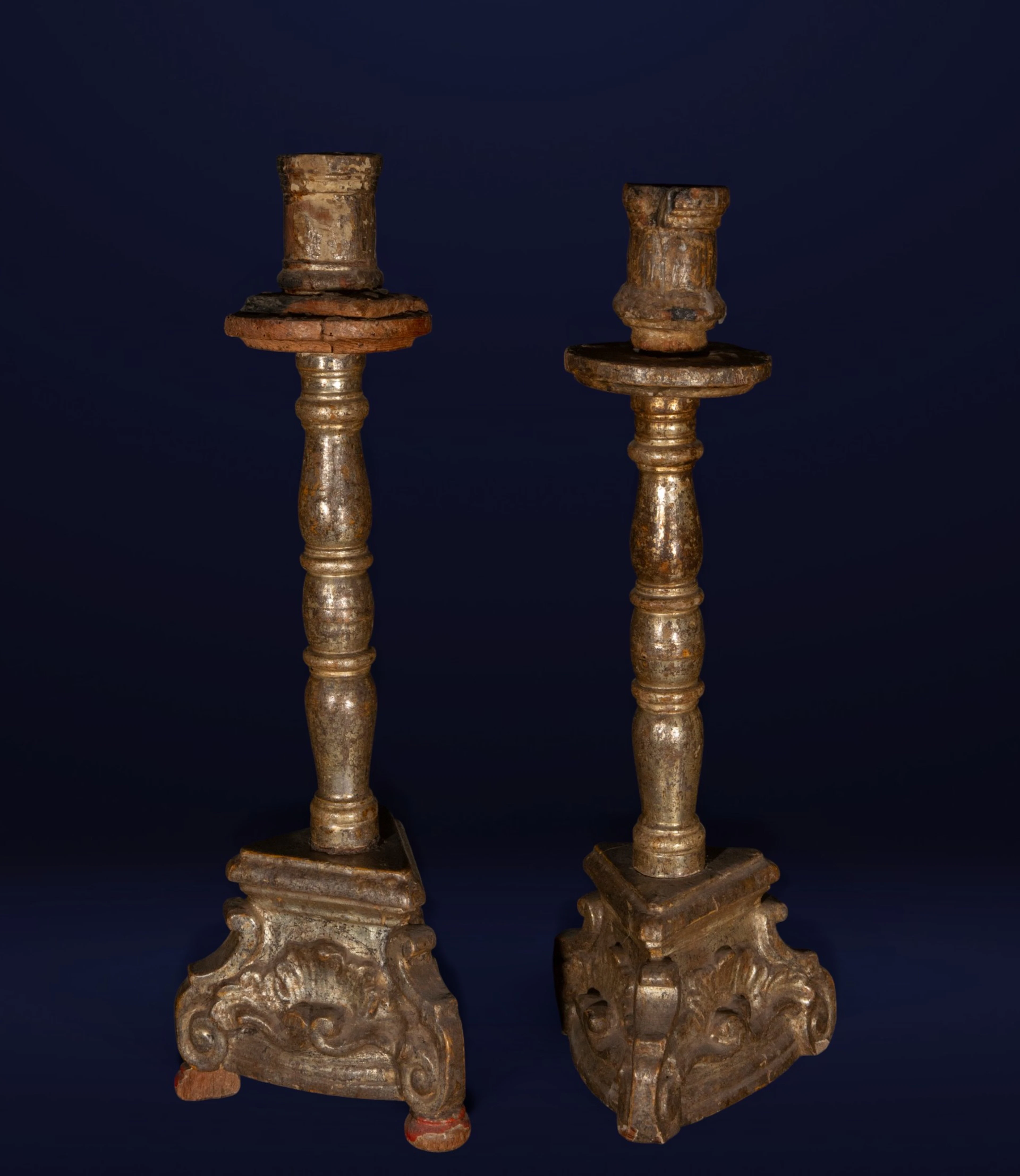Pair of large 17th-century Mallorcan candlesticks in silver leaf