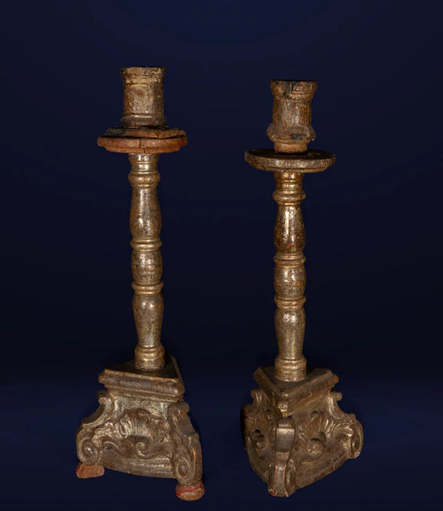 Pair of large 17th-century Mallorcan candlesticks in silver leaf
