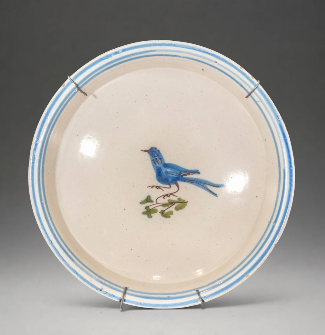 MANISES CERAMICS - Plate with blue bird and plant decoration