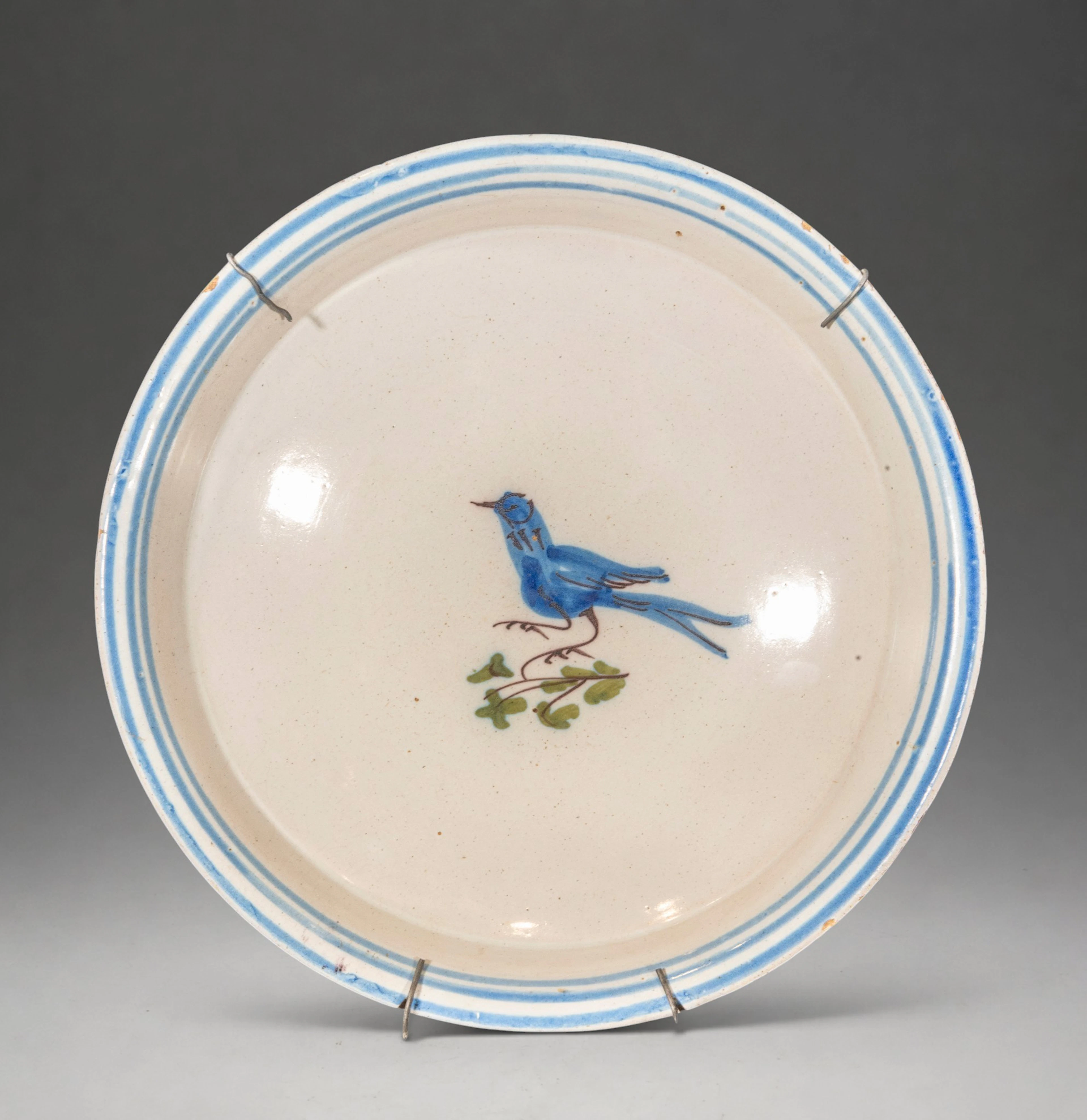 MANISES CERAMICS - Plate with blue bird and plant decoration