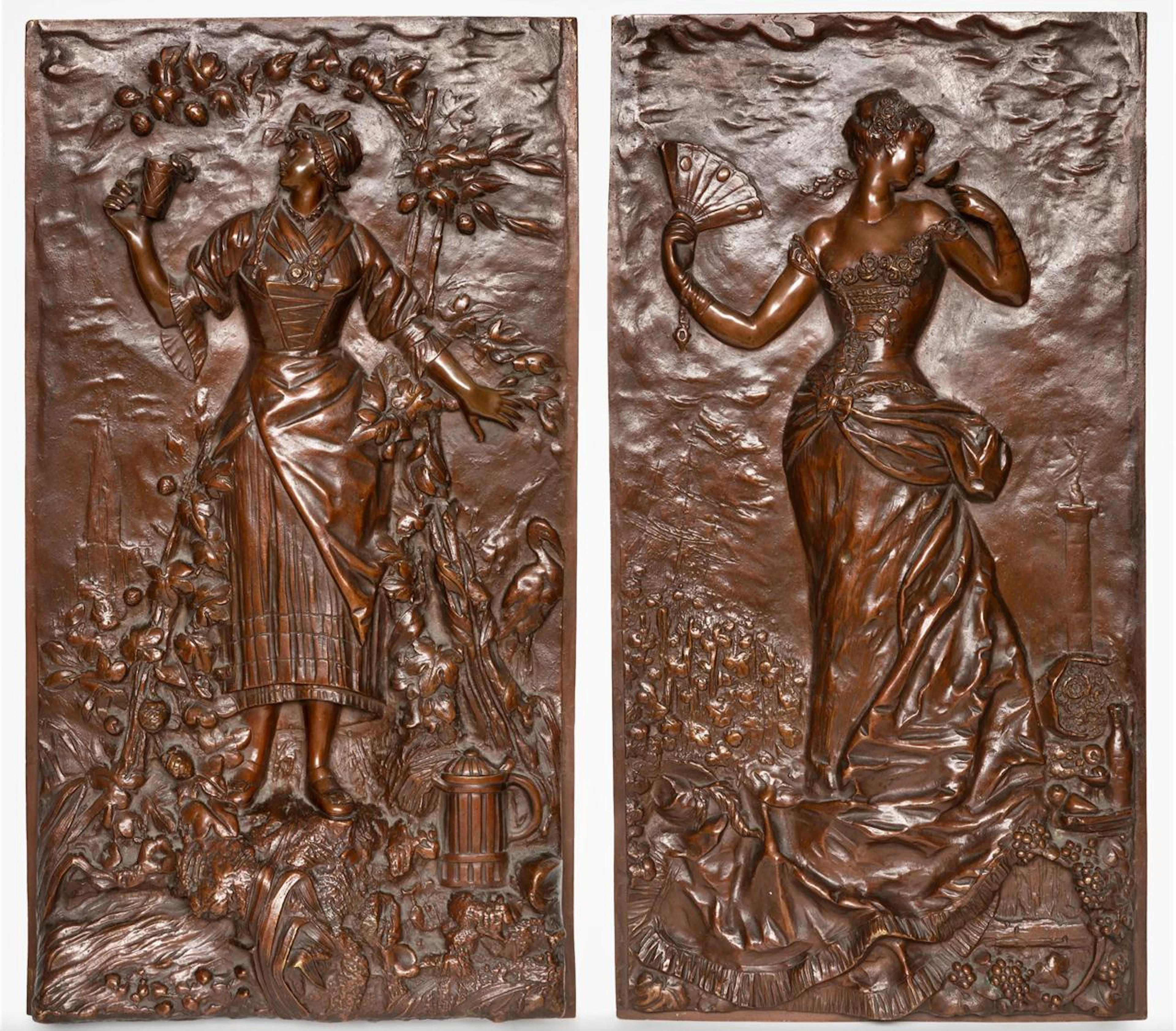 Pair of decorative plaques with allegorical female figures – French