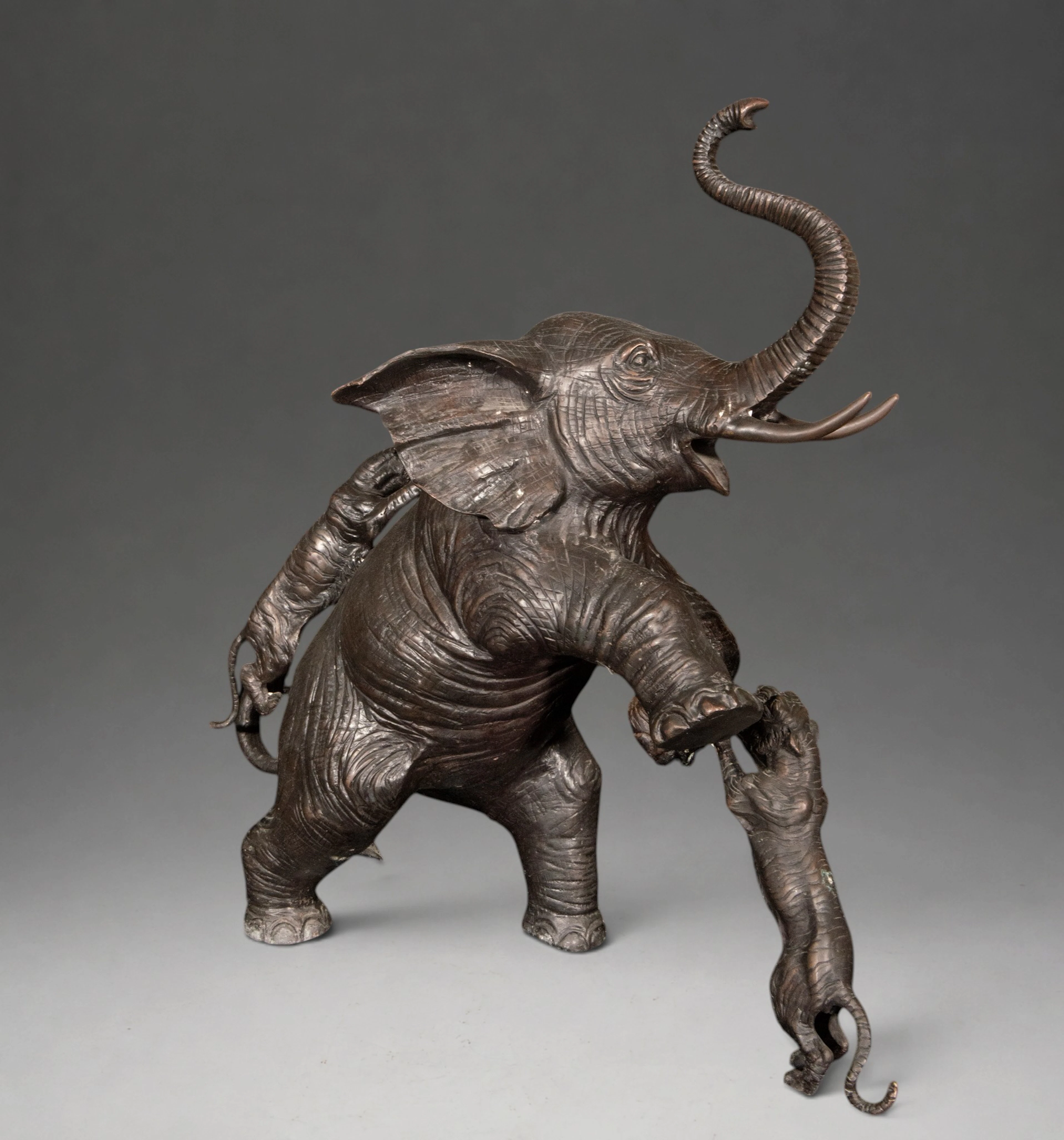 Large Bronze Group of Tigers Attacking an Elephant – French School