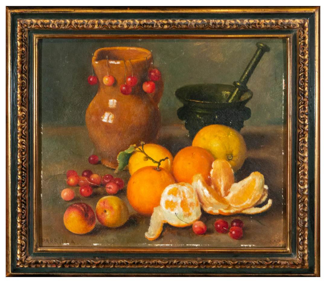 Still life with fruit, earthenware jug and mortar – Spanish School