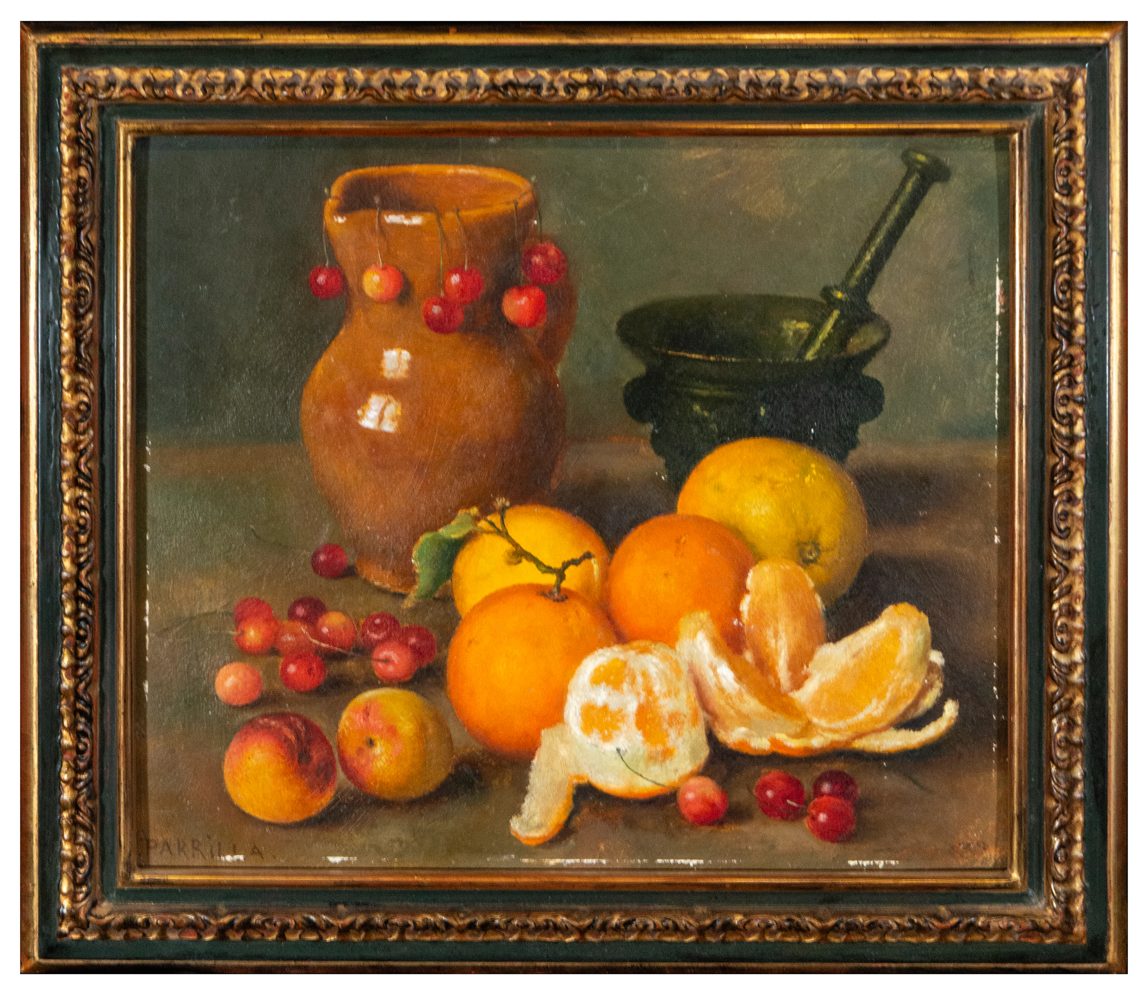 Still life with fruit, earthenware jug and mortar – Spanish School