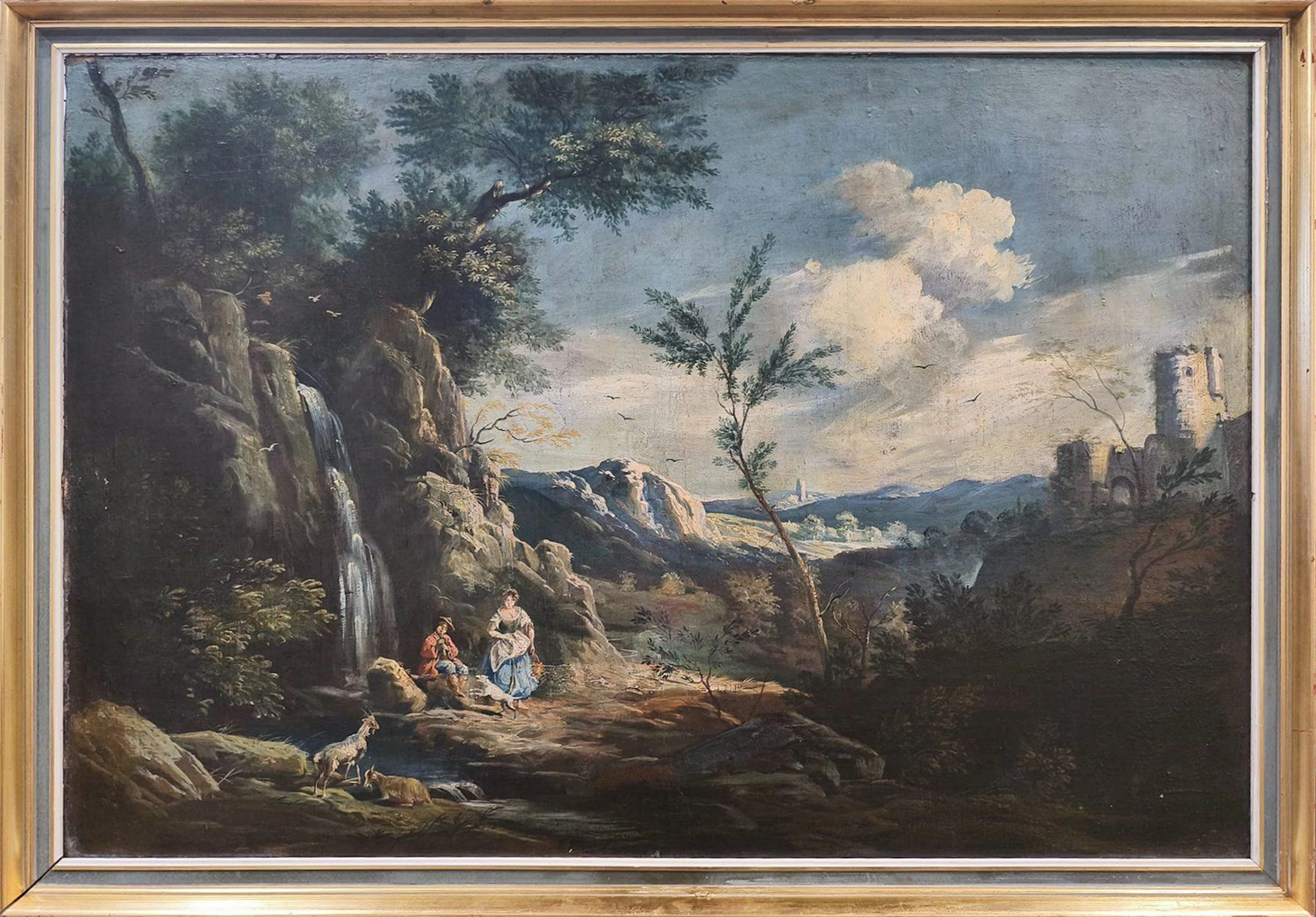 18th Century French School - Landscape with Waterfall, Figures and Ruins