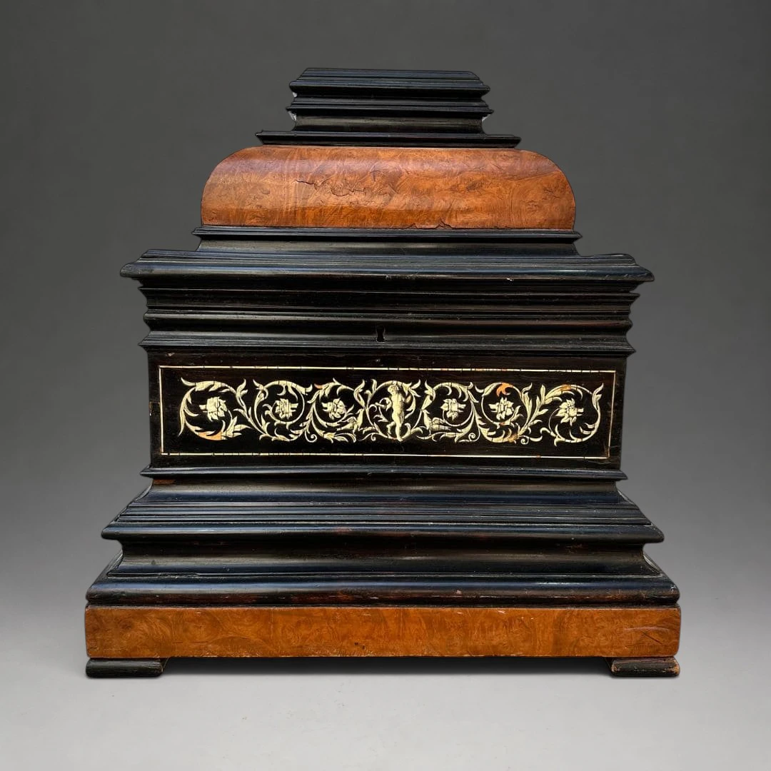Large chest/jewelry box, ebonized wood, burl veneer and bone, 18th