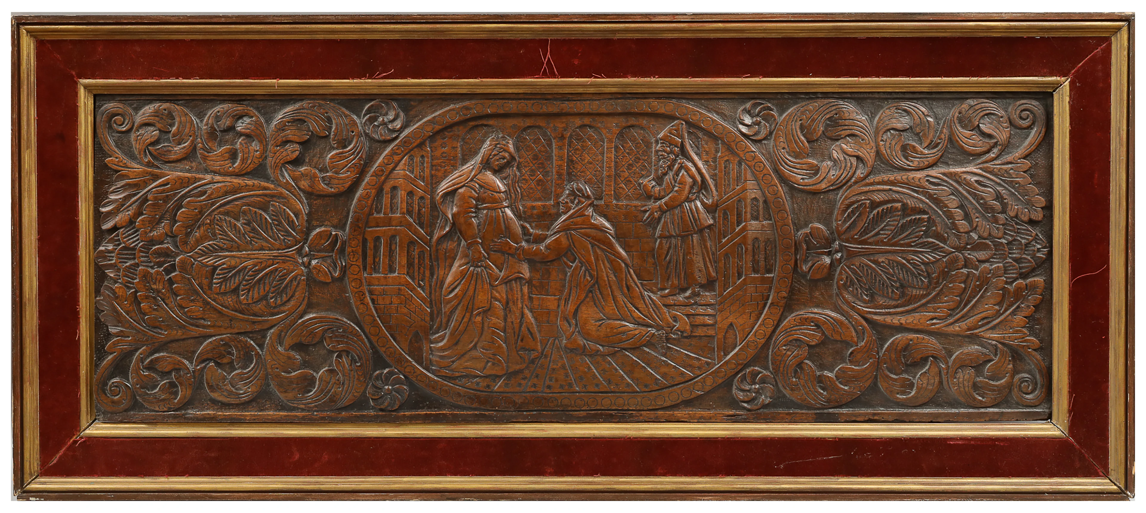 Important 17th-century French wooden panel depicting the Visitation of Mary