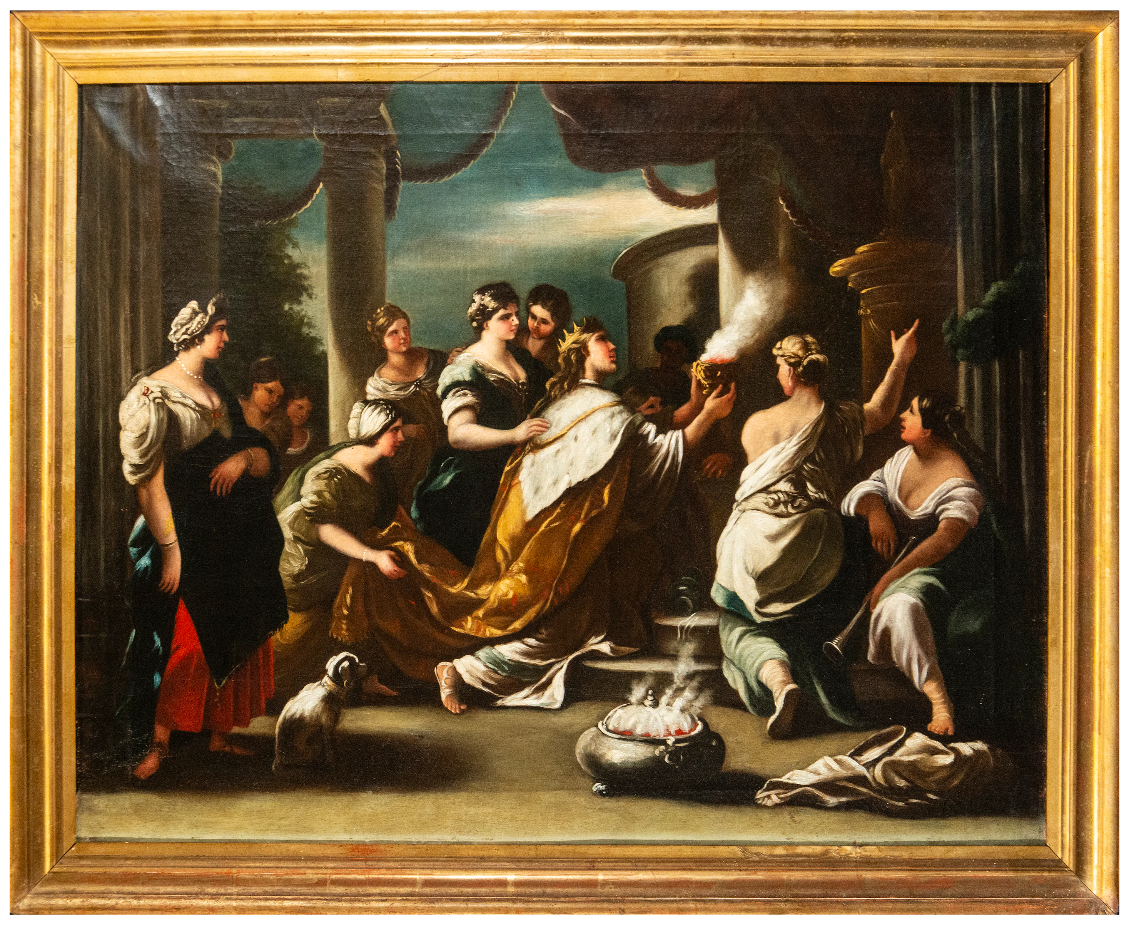Biblical scene with figures before an altar – Italian Baroque School