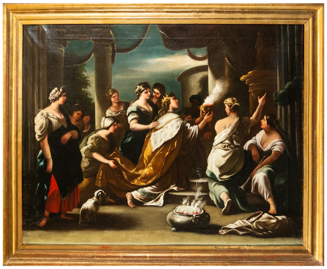 Biblical scene with figures before an altar – Italian Baroque School