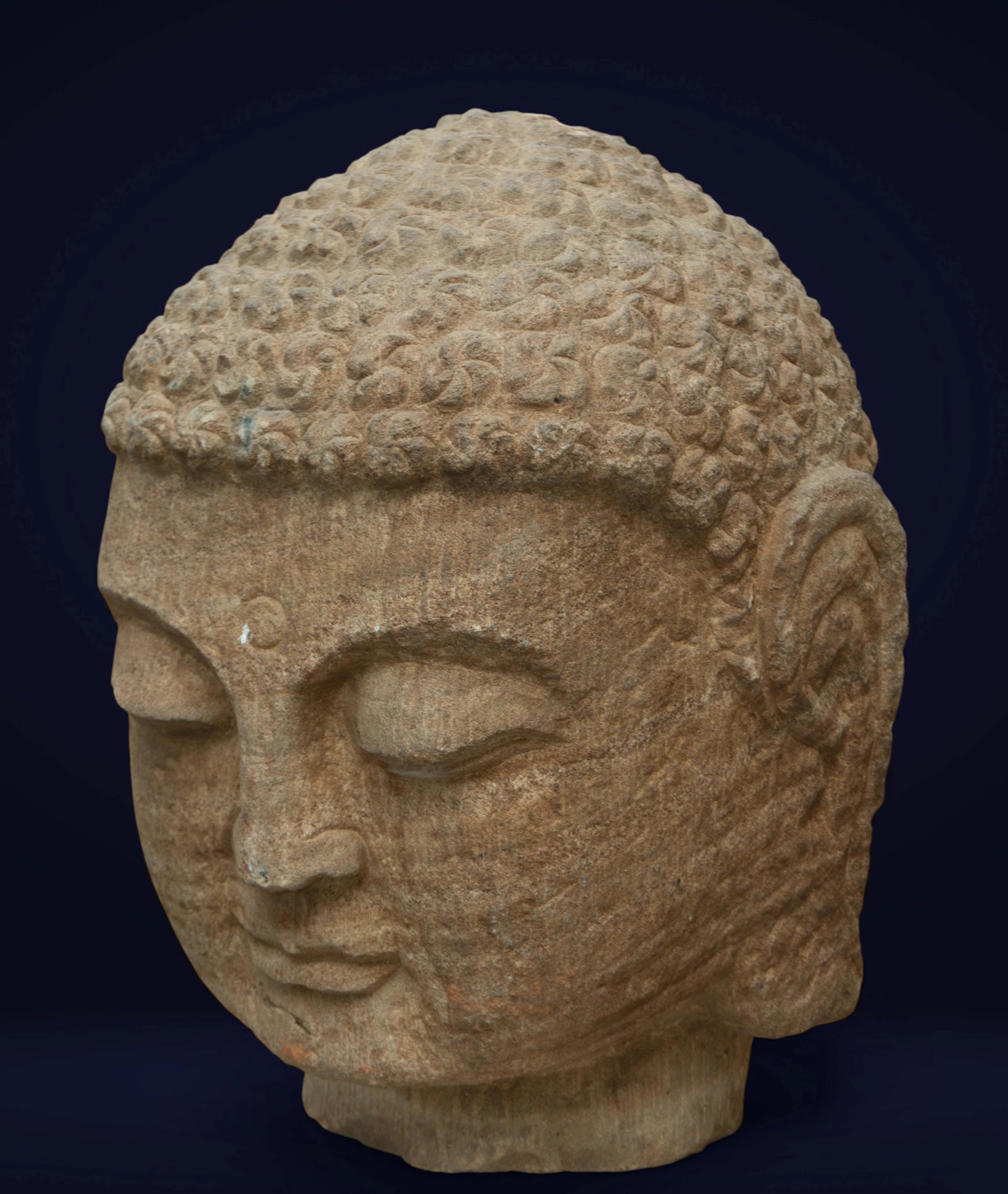 Buddha head carved in stone. Asian production. 20th century.