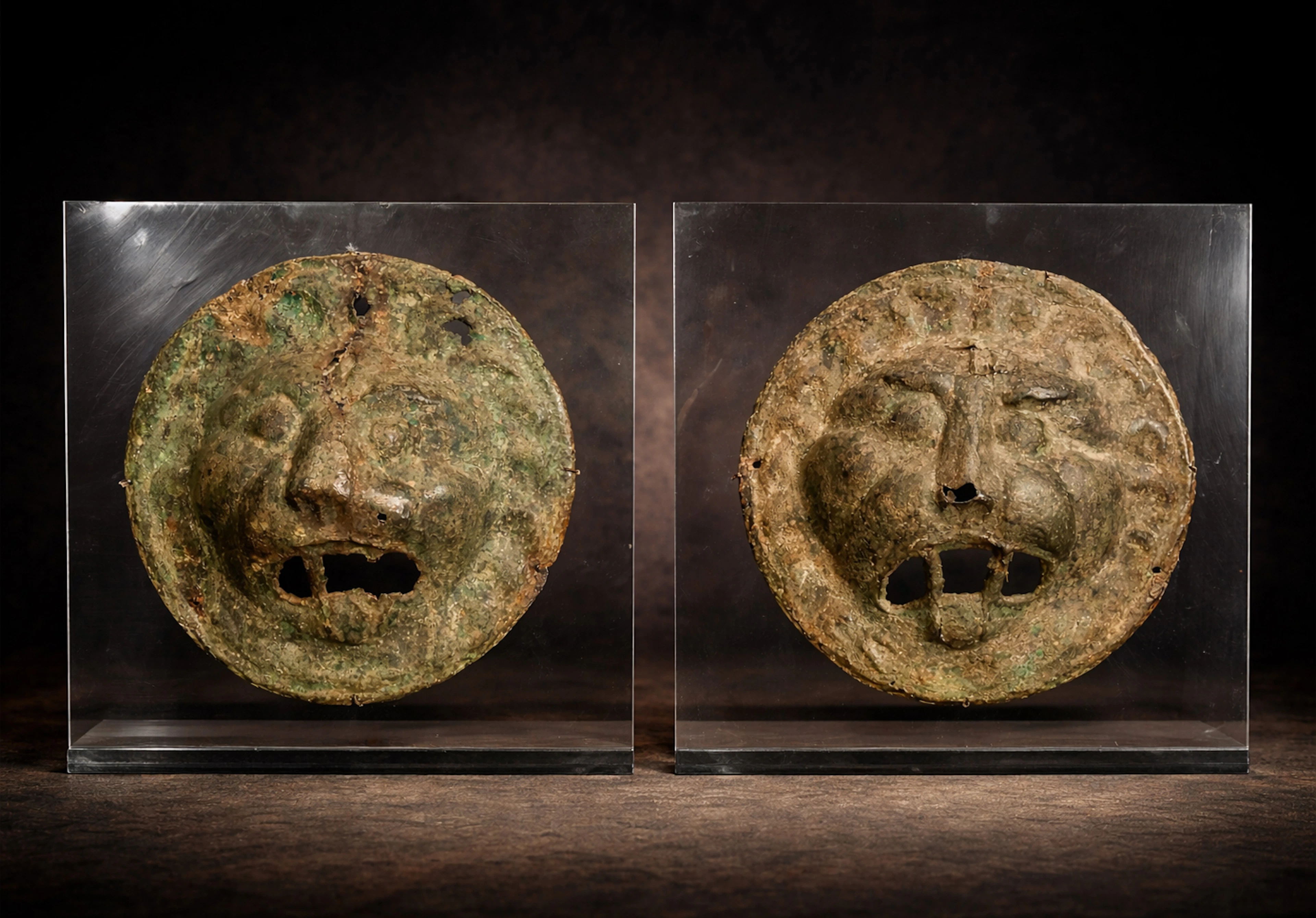 Pair of decorative plaques from a Roman sarcophagus or armor in bronze