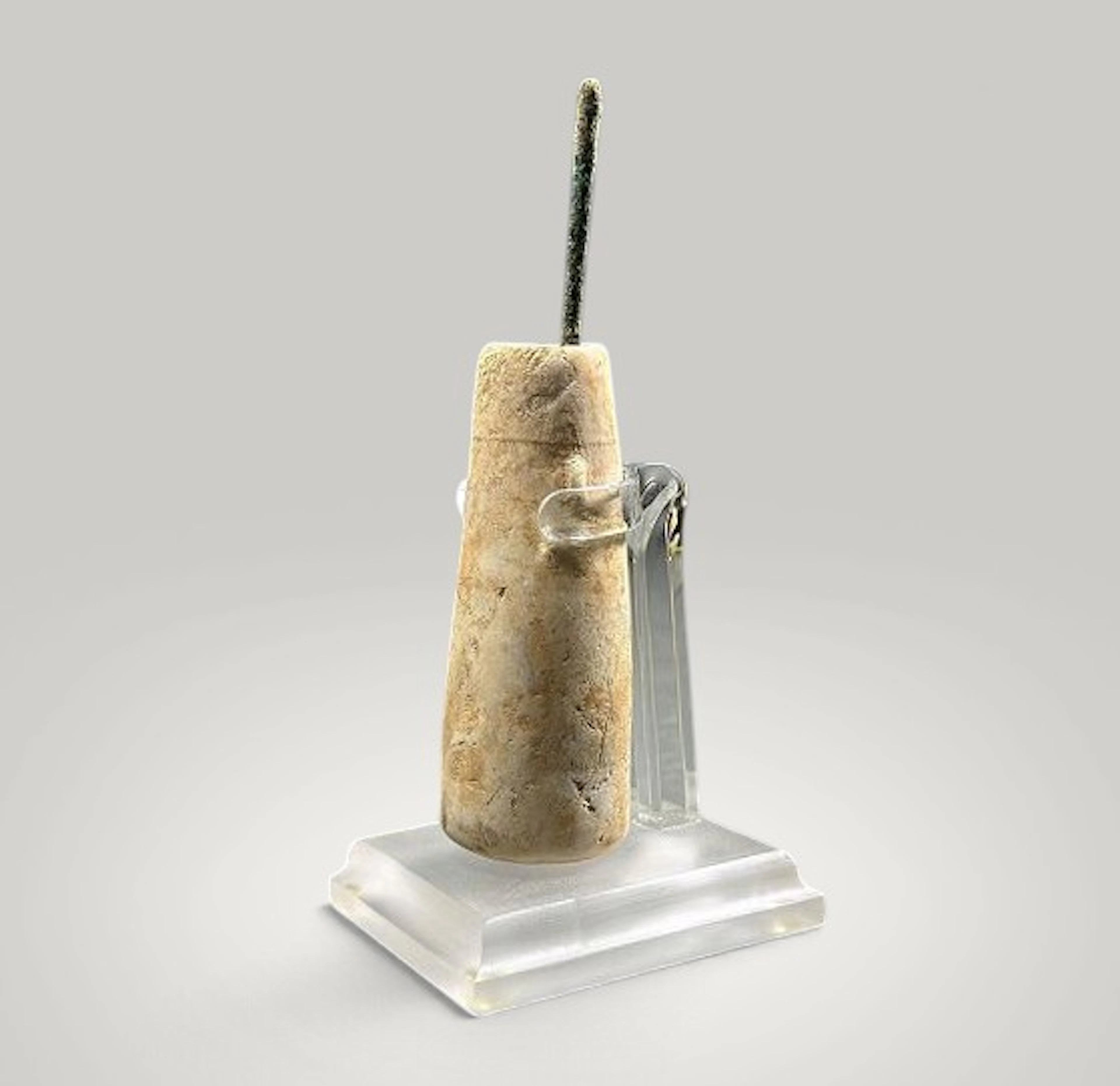 Alabaster unguent jar with original bronze kohl applicator. Canaanite