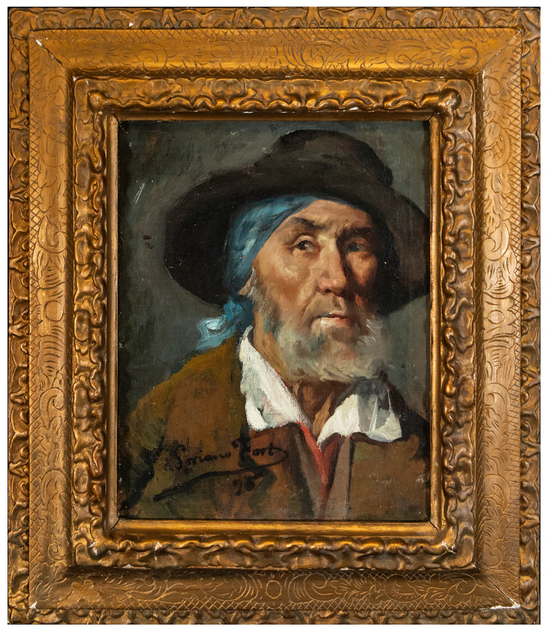 Portrait of an old man with a hat and blue handkerchief – signed Soriano