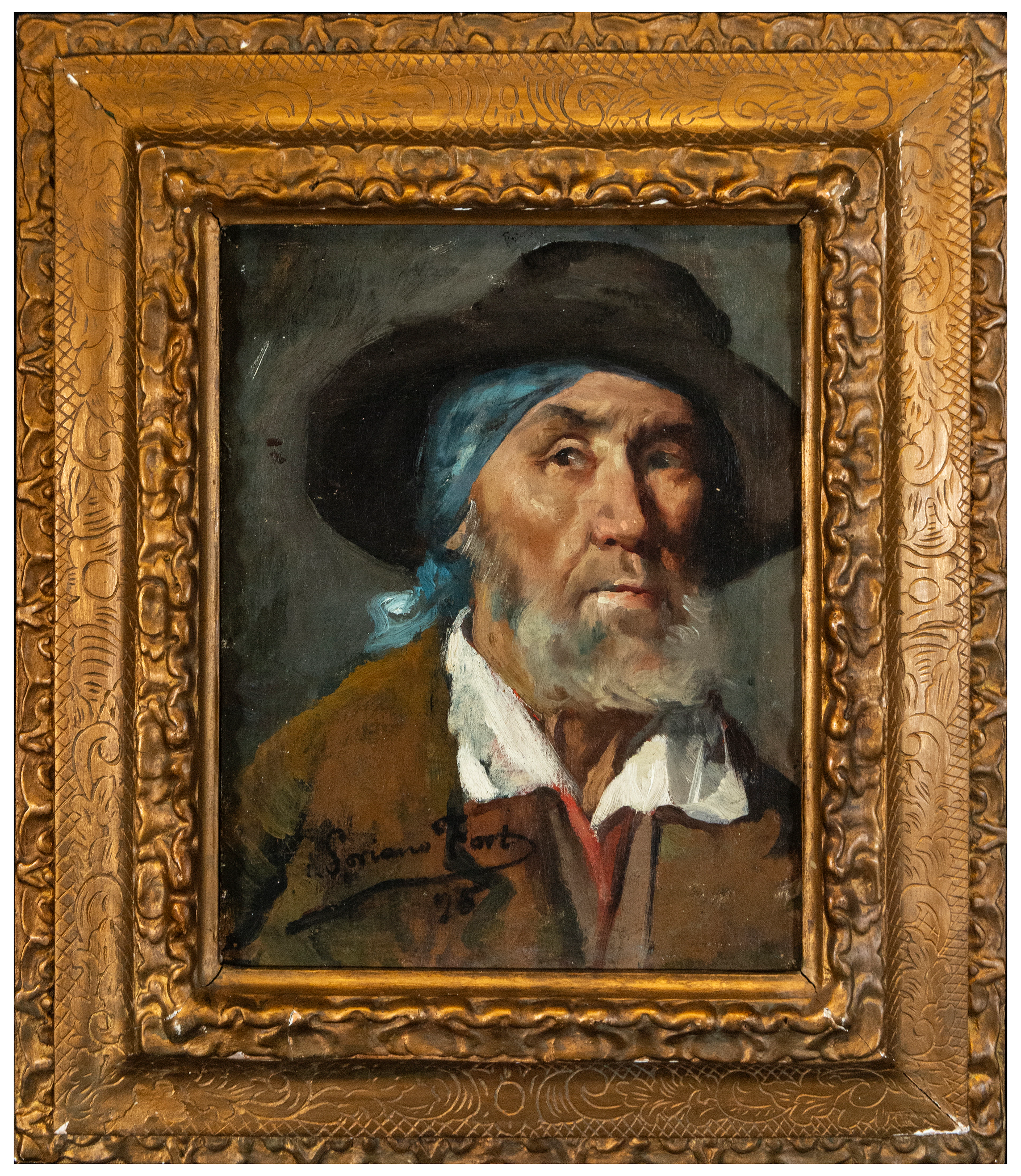 Portrait of an old man with a hat and blue handkerchief – signed Soriano
