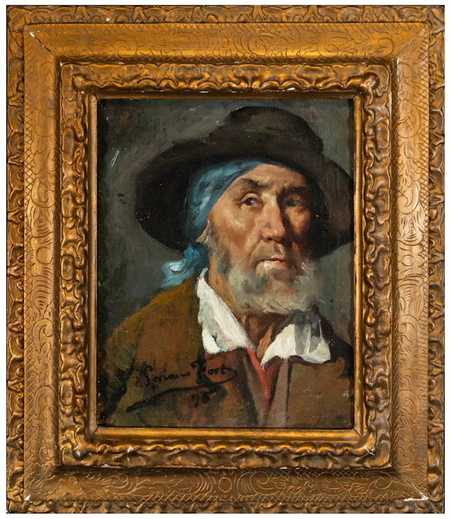 Portrait of an old man with a hat and blue handkerchief – signed Soriano