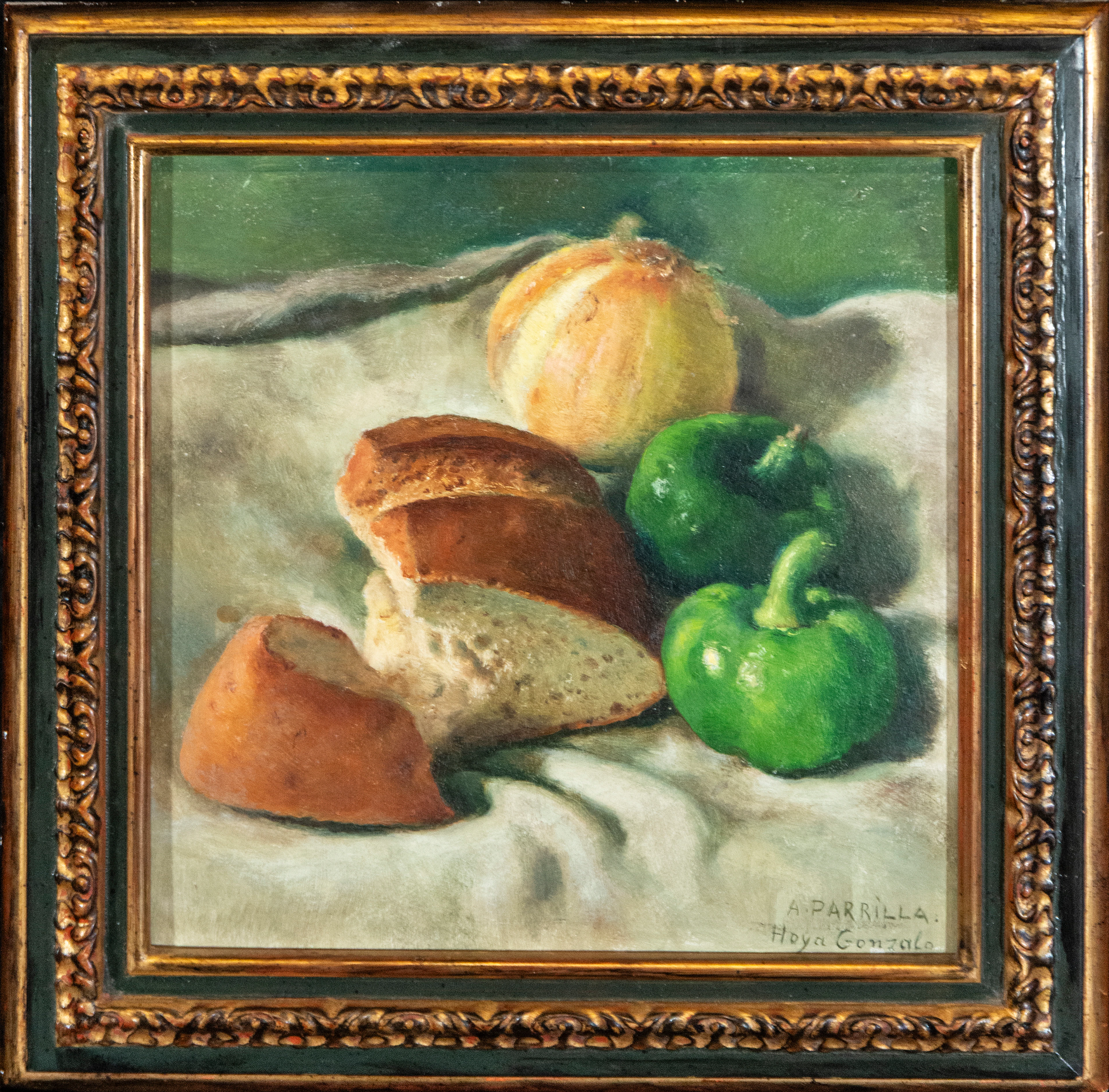 Still Life with Bread, Onion and Peppers, Signed – Spanish School