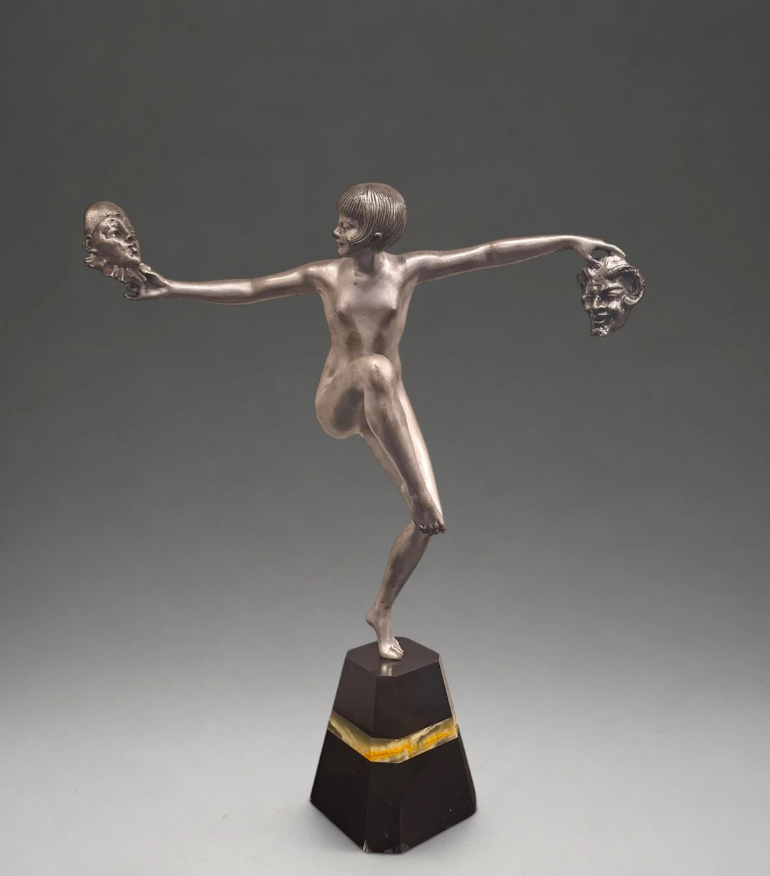 "Danseuse aux masques" In silver-plated bronze. Henri Désiré Grisard