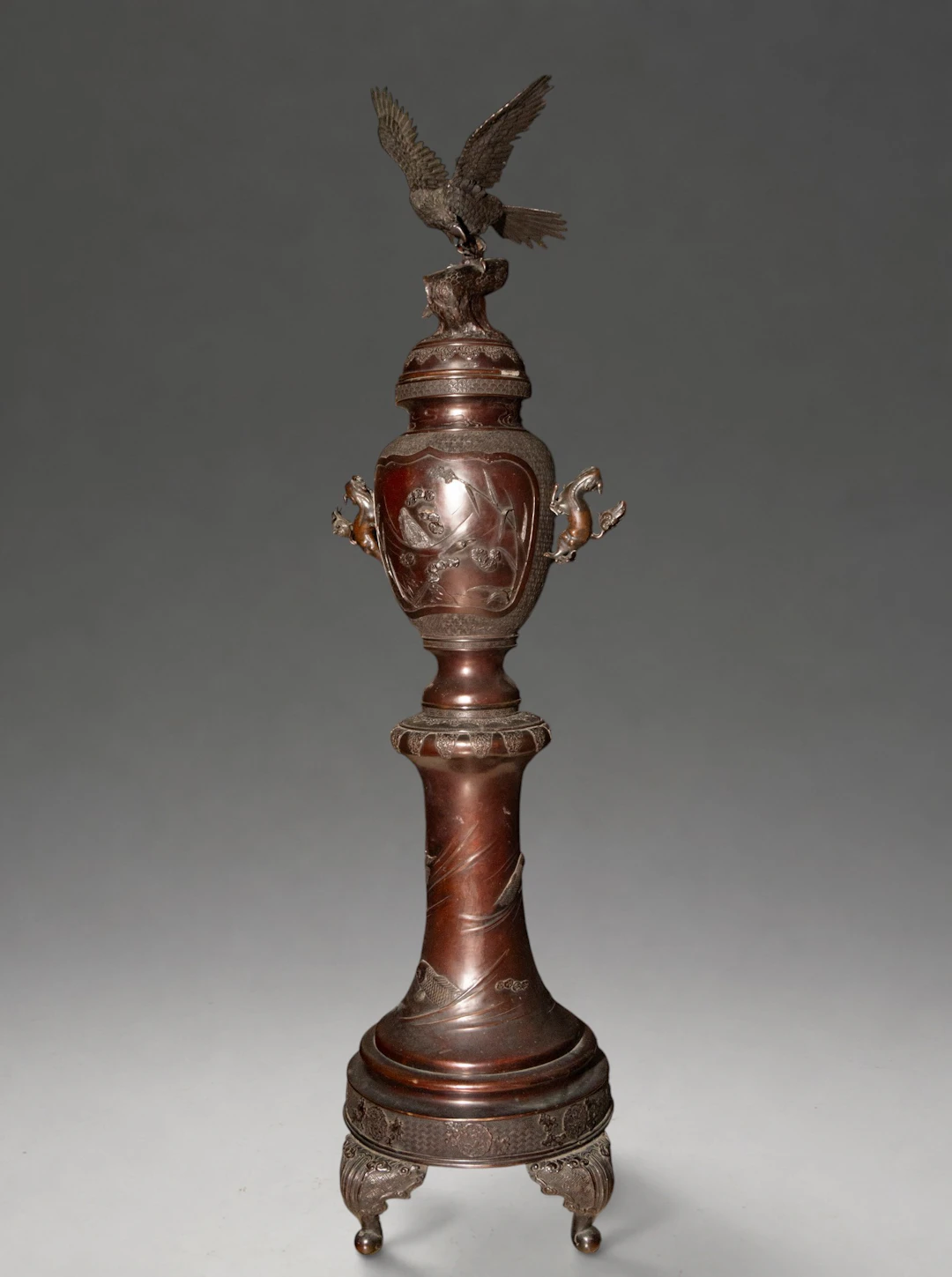 Monumental bronze incense burner decorated with birds and dragons