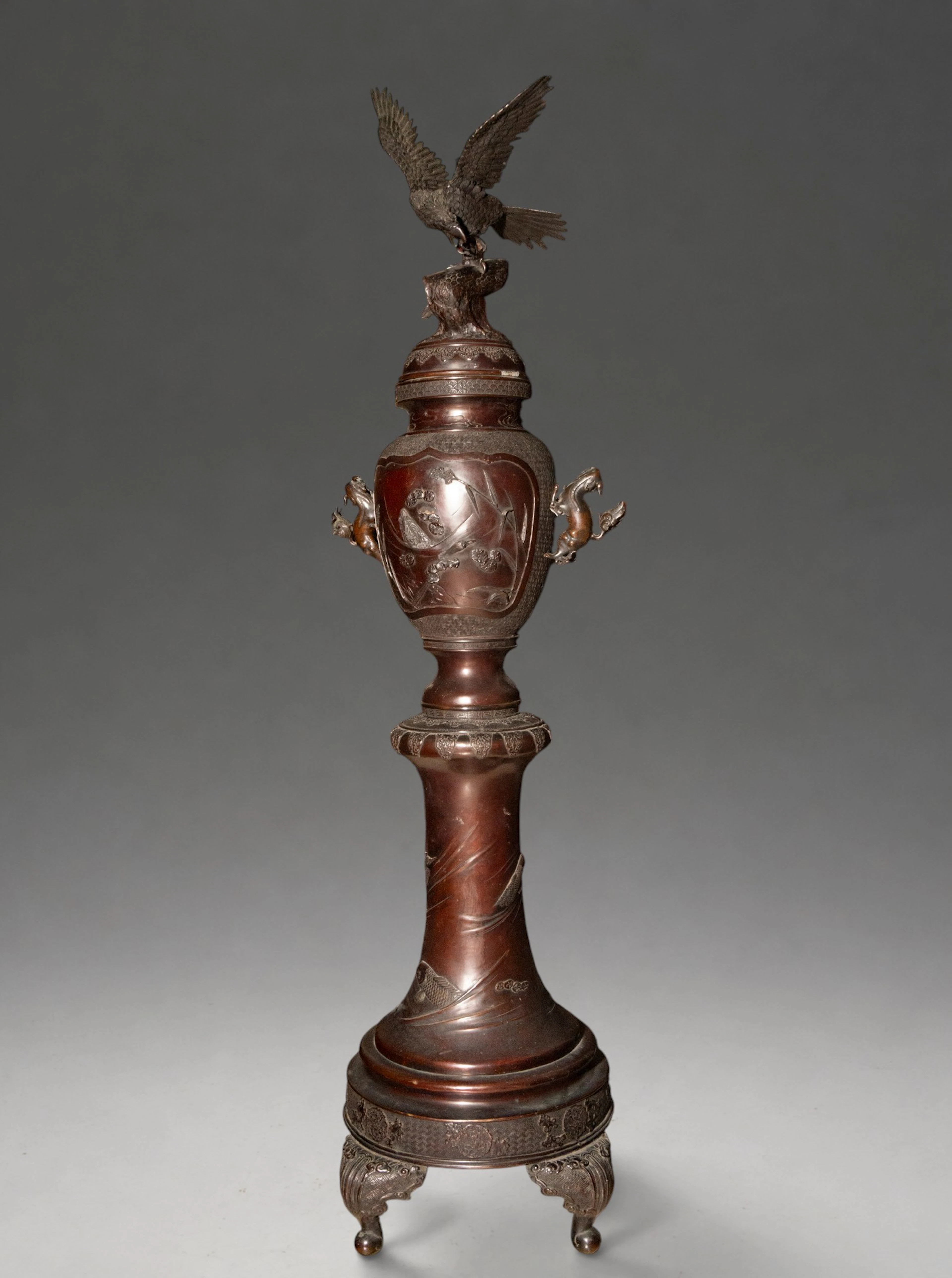 Monumental bronze incense burner decorated with birds and dragons