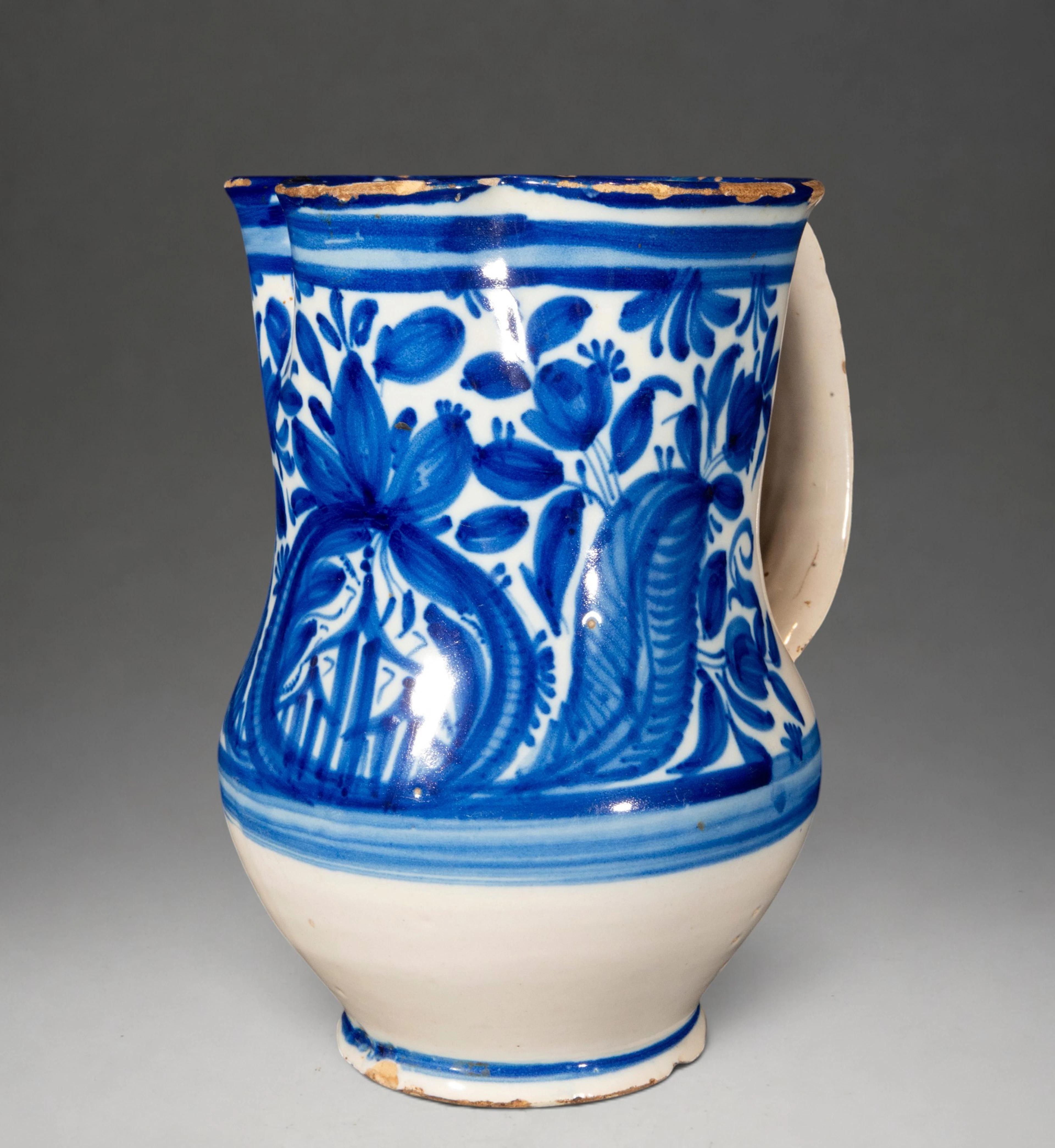 MANISES CERAMICS - Pitcher with floral decoration in cobalt blue