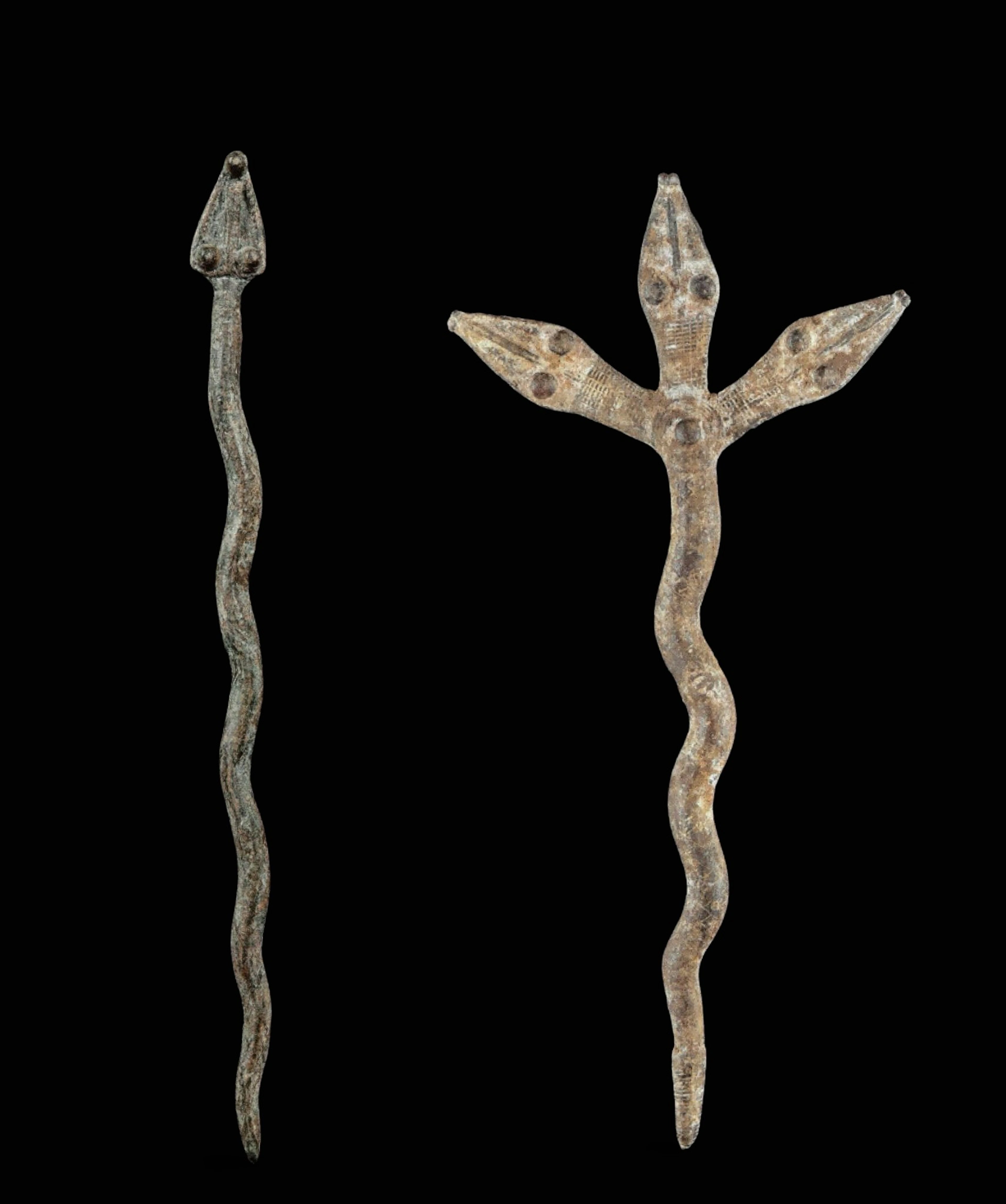 Two torfans topped with snake heads, Gan, Burkina Faso, 19th-20th centuries