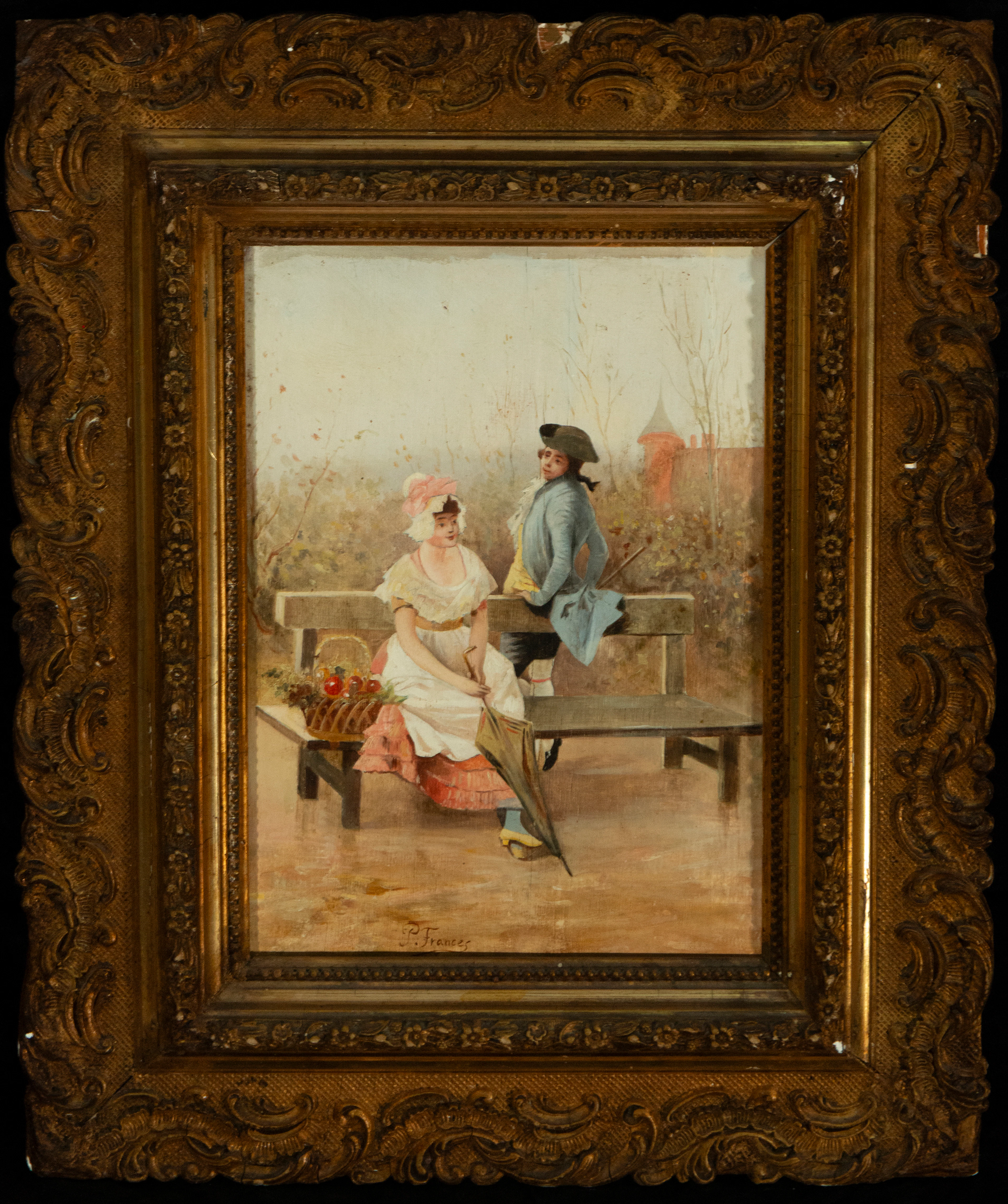 Romantic scene, couple in the garden, Signed Plácido Francés, Spanish