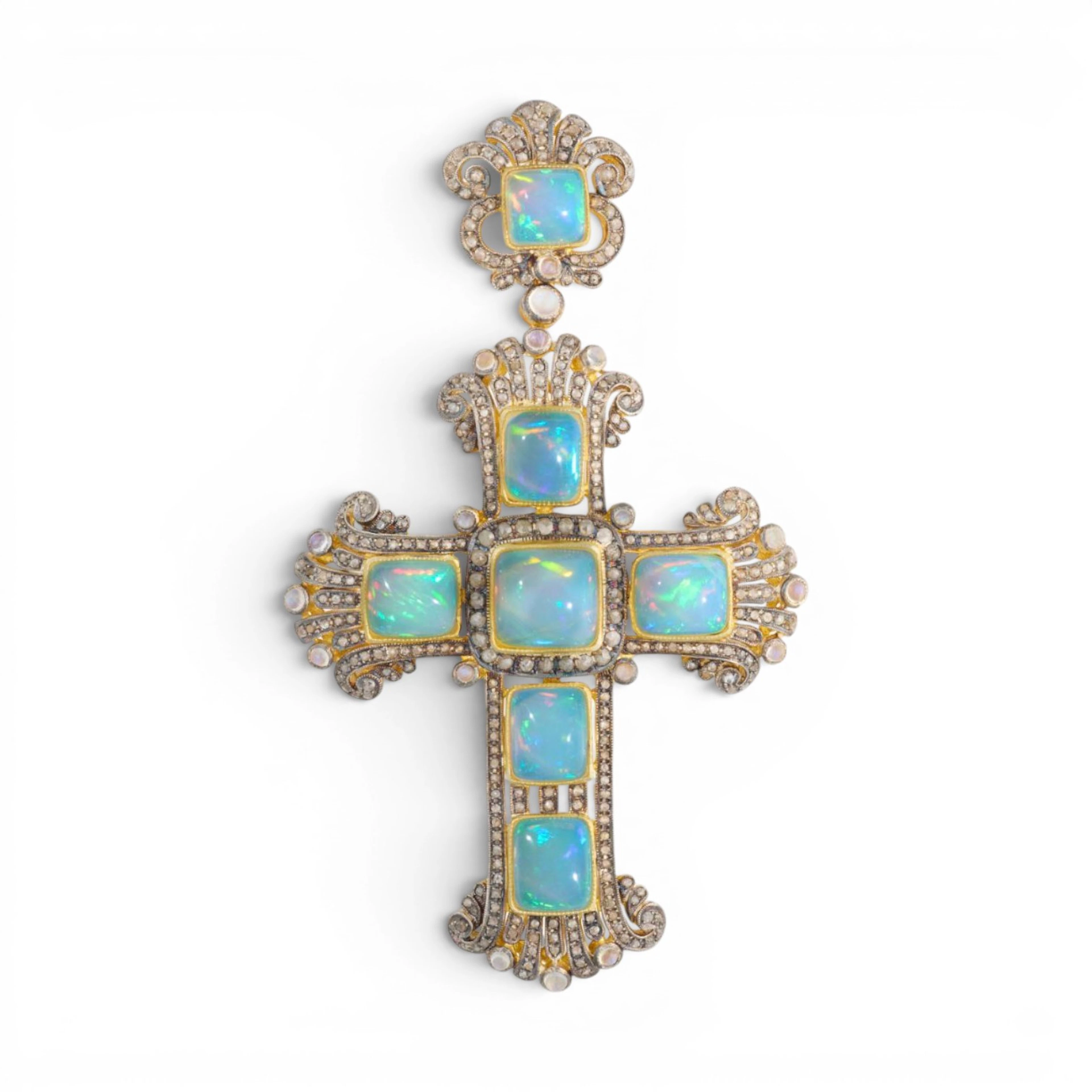 Pendant cross in silver gilt with opals, moonstones and rose cut diamonds