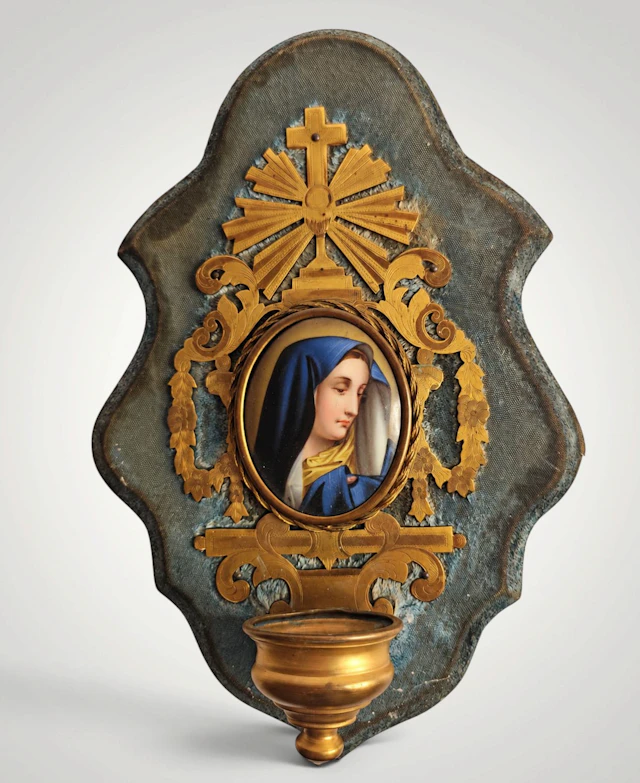 19th-century Italian holy water font with a Madonna, porcelain and gilt-brass