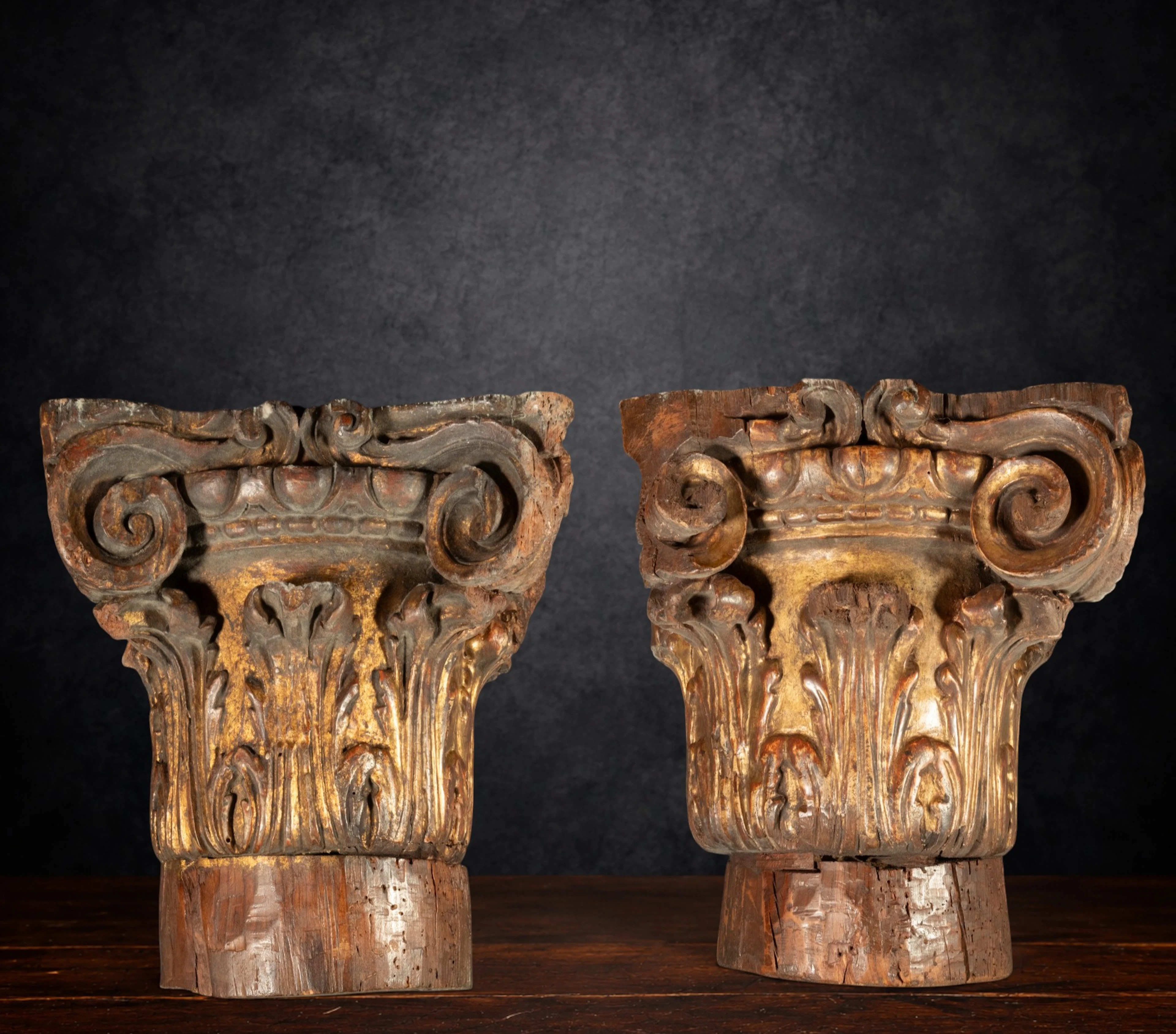 Exceptional pair of Renaissance capitals for table mounting, 16th-17th century