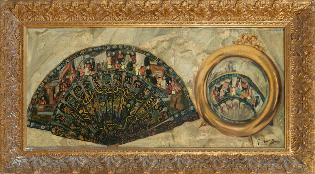 Oriental fan and mirror. Signed G. Morcillo. Spanish School. 20th century.