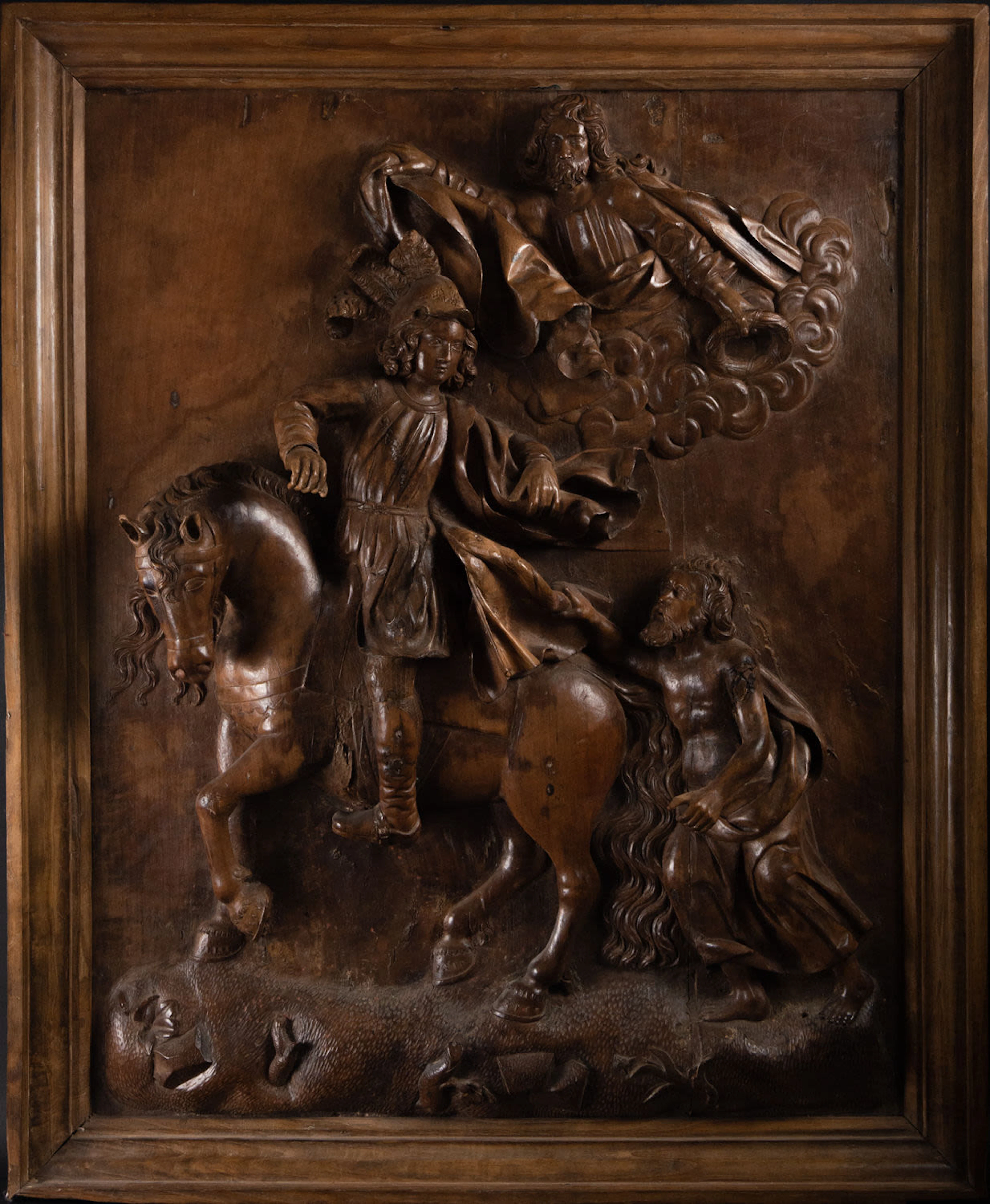 Very Important Large relief in oak wood of Saint Martin on Horseback