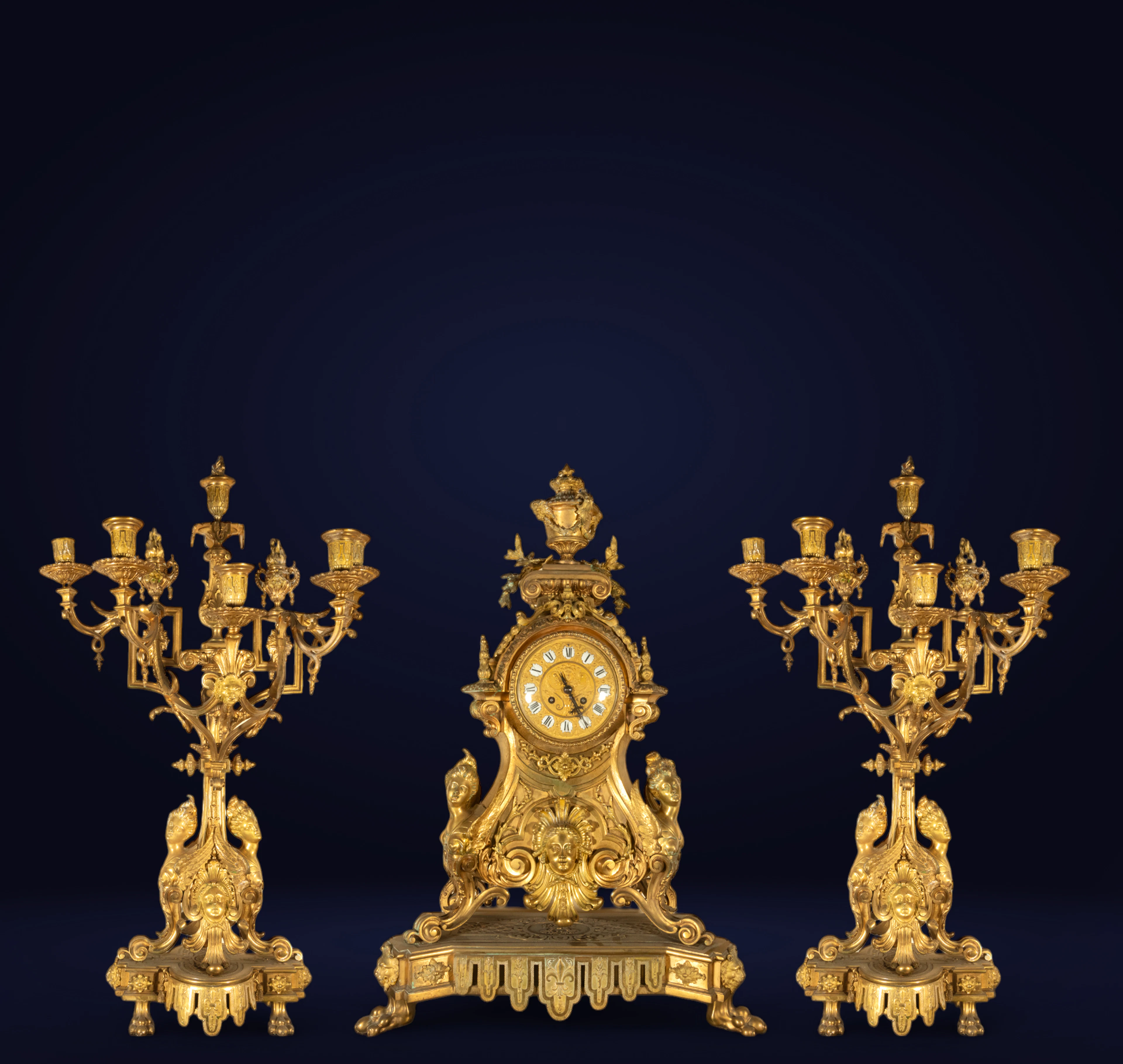 Napoleon III style bronze table clock with candlesticks, France, 19th century