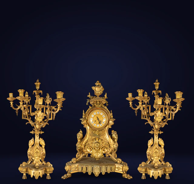 Napoleon III style bronze table clock with candlesticks, France, 19th century