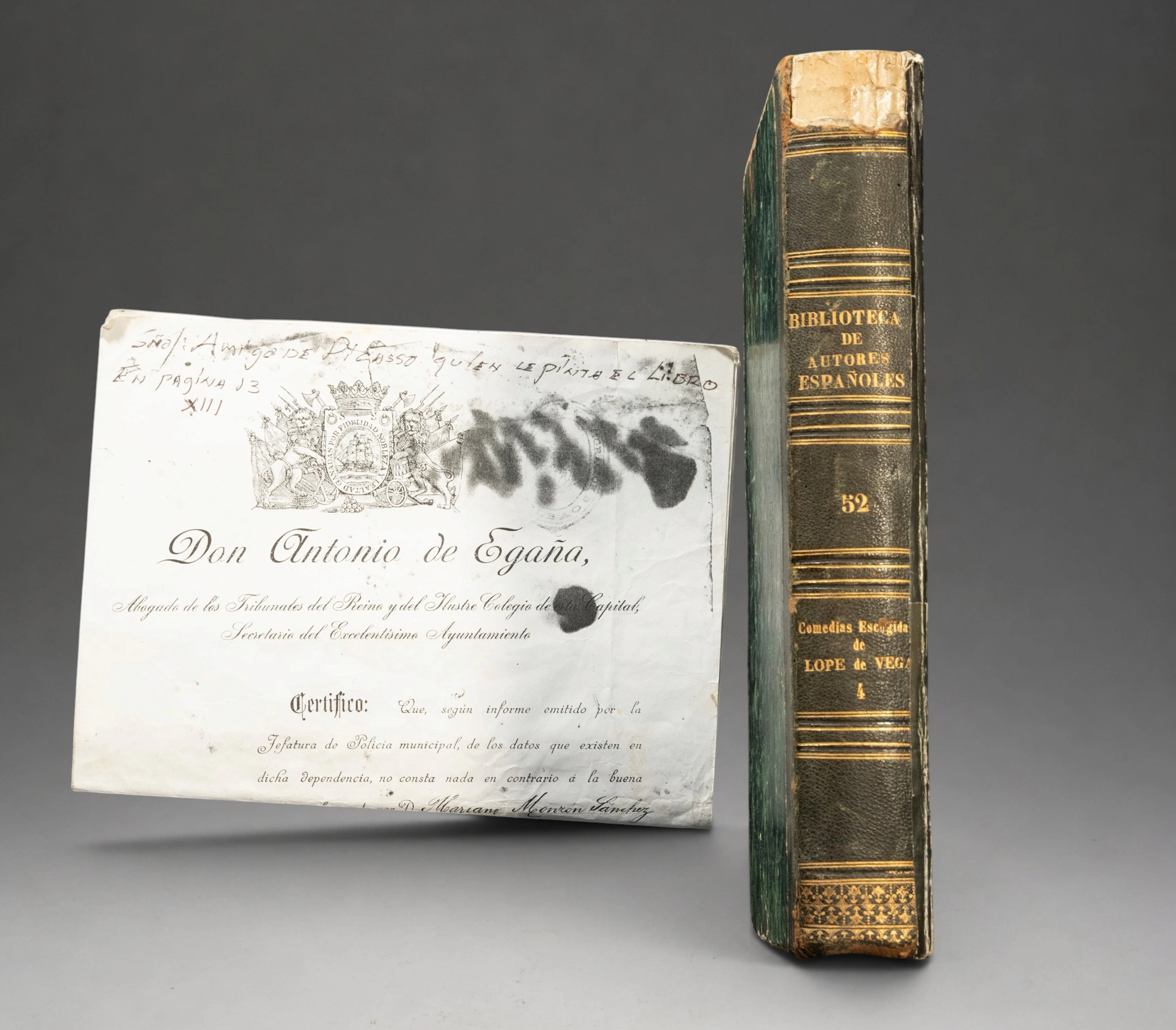 LOPE DE VEGA BOOK WITH POSSIBLE DRAWING BY PICASSO, DEDICATED