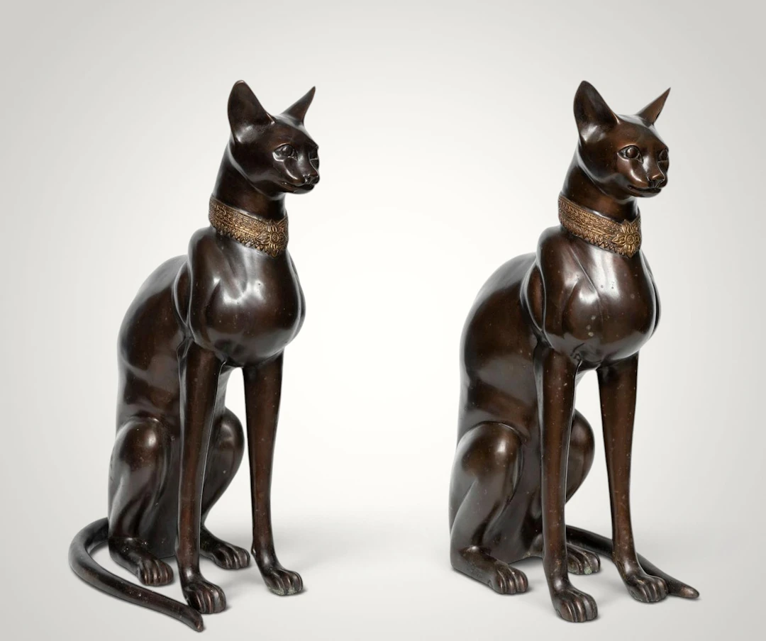 Pair of cats representing Bastet, signed A. Tiot – French School – circa 1970