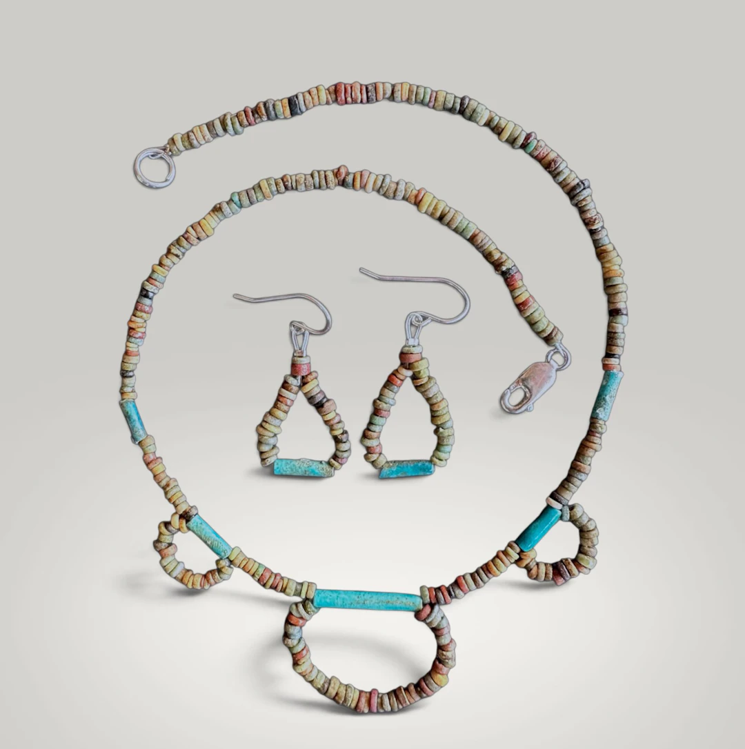 Set of necklace and earrings made of ancient Egyptian faience beads.