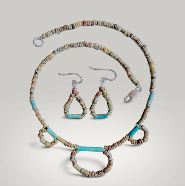 Set of necklace and earrings made of ancient Egyptian faience beads.