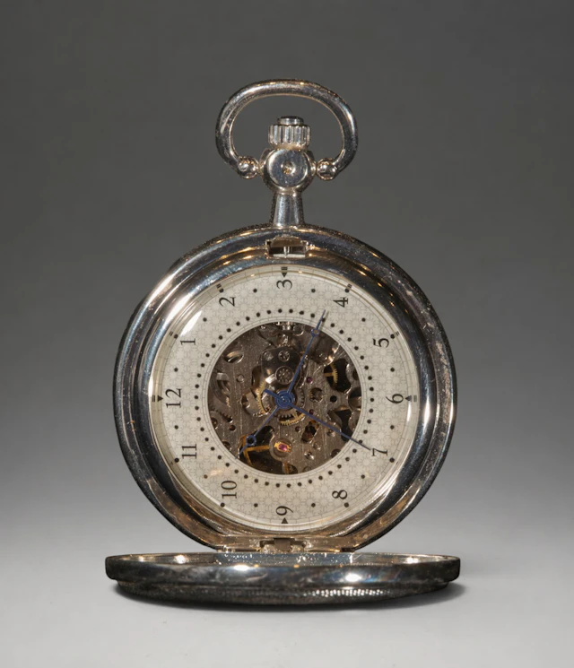 Pocket watch with central medallion and visible mechanism