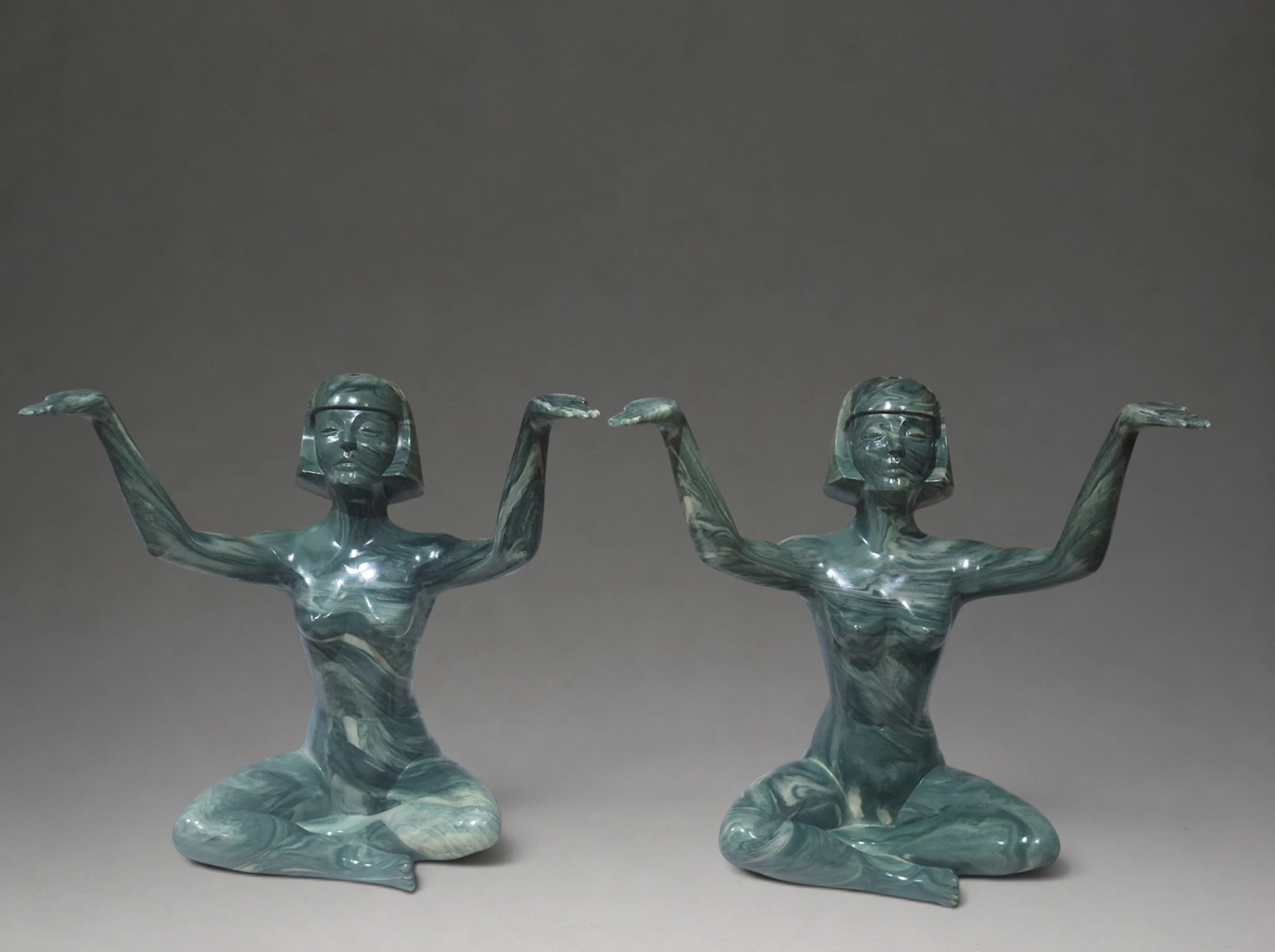 PAIR OF EGYPTIAN LADY FIGURINES IN MALACHITE