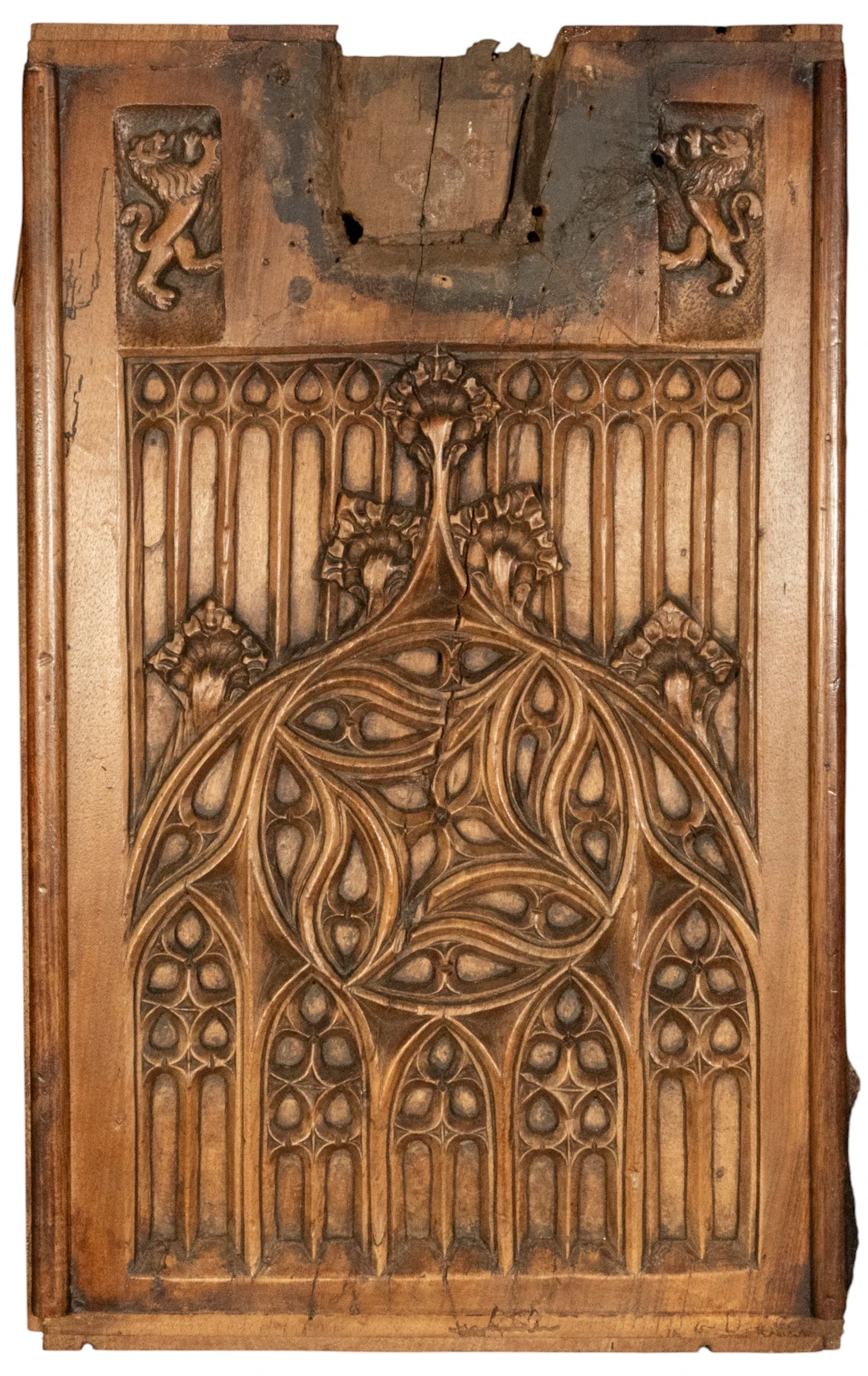 Large English Tudor Gothic Fragment in Oak with Lions, Medieval European