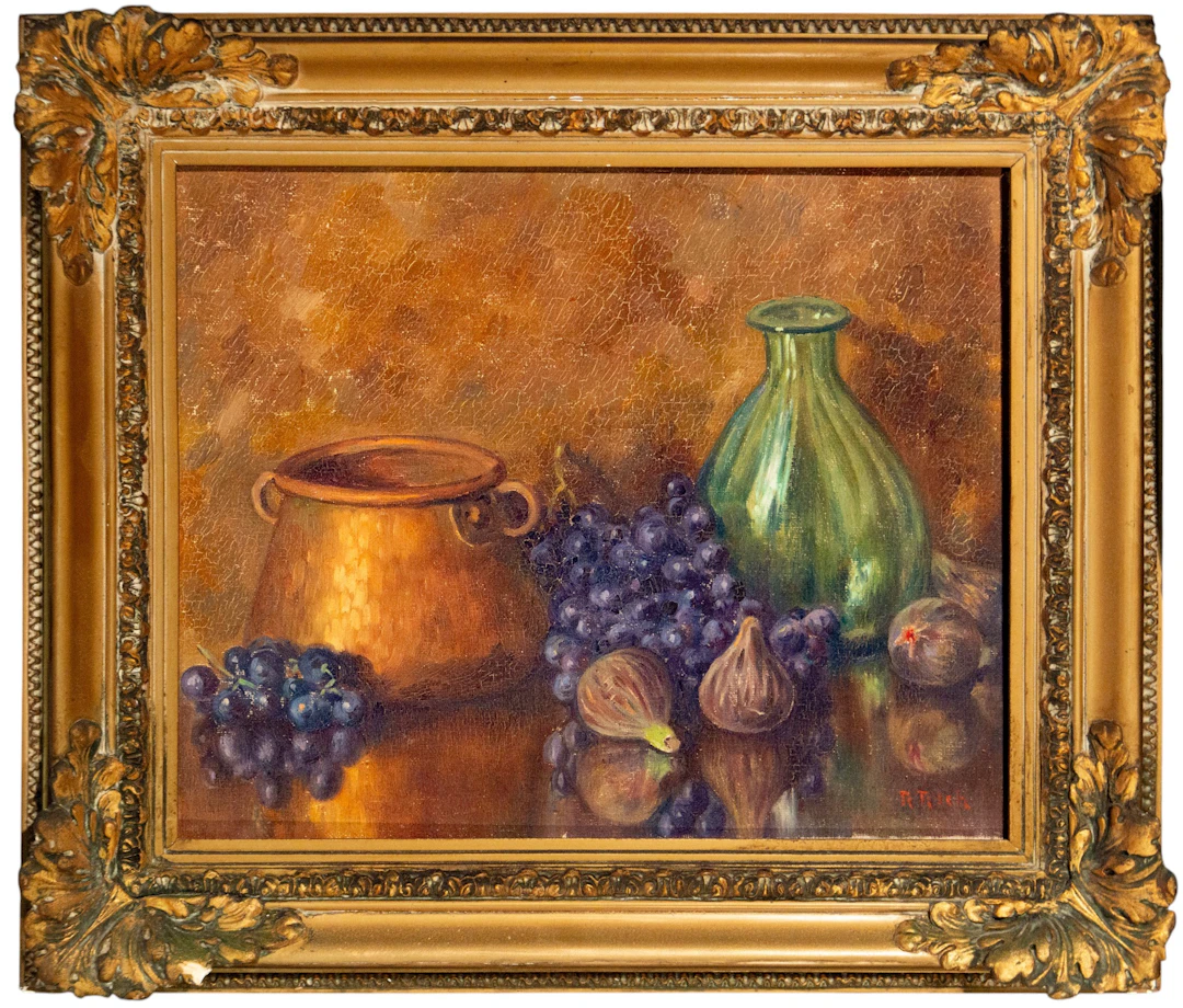 Still Life with Grapes, Figs and Vessels - T. Rich, European School