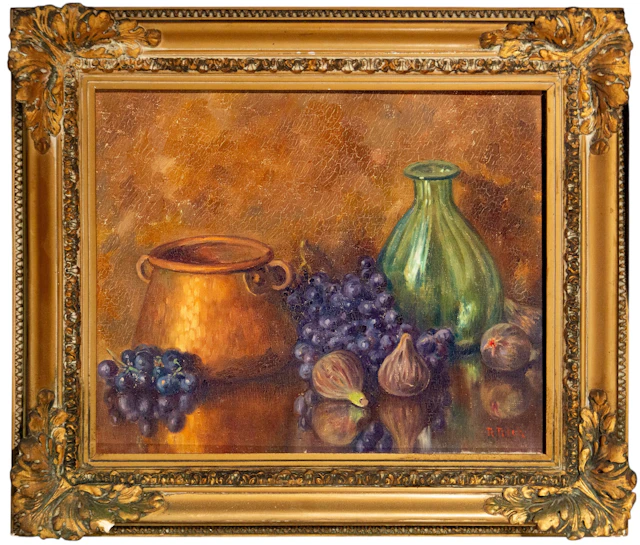 Still Life with Grapes, Figs and Vessels - T. Rich, European School