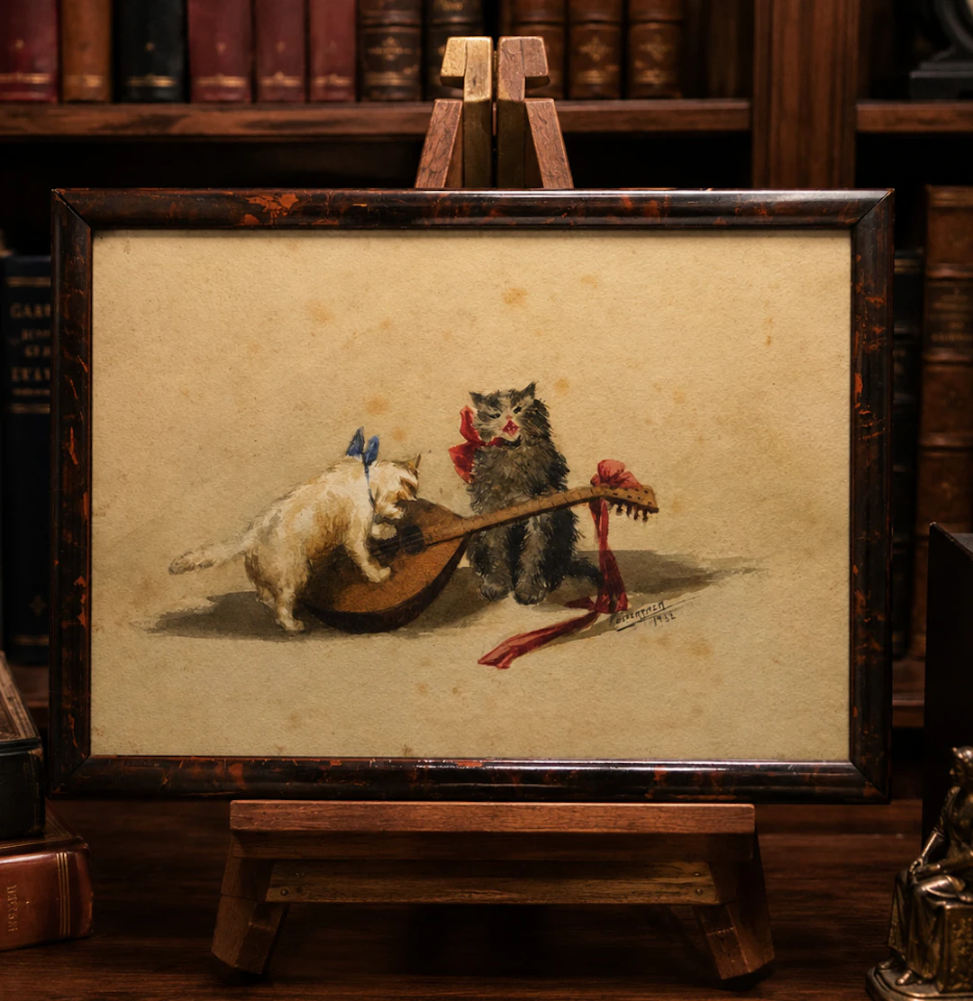 Two cats with mandolin, signed and dated 1932 – Art Deco