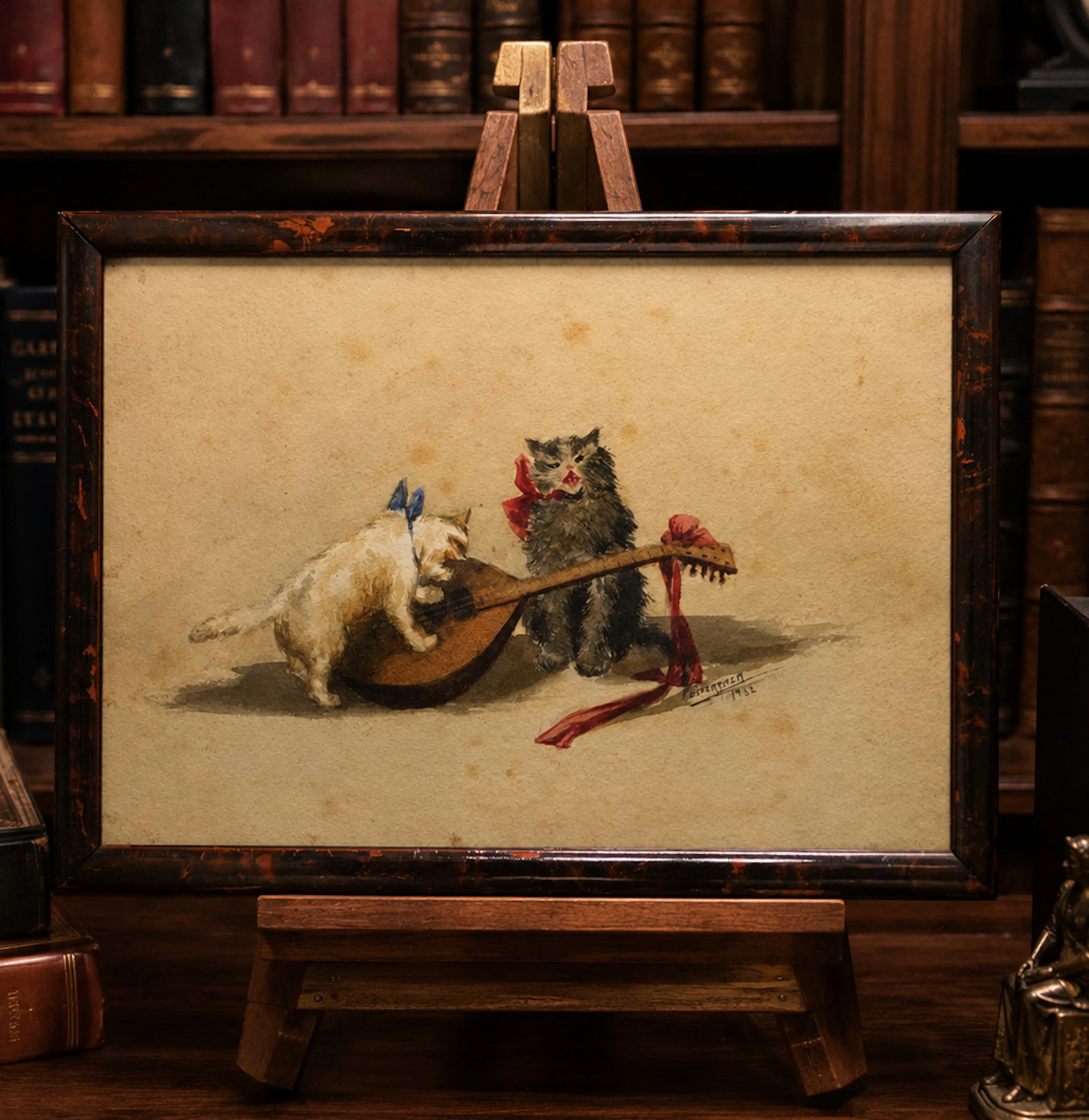 Two cats with mandolin, signed and dated 1932 – Art Deco