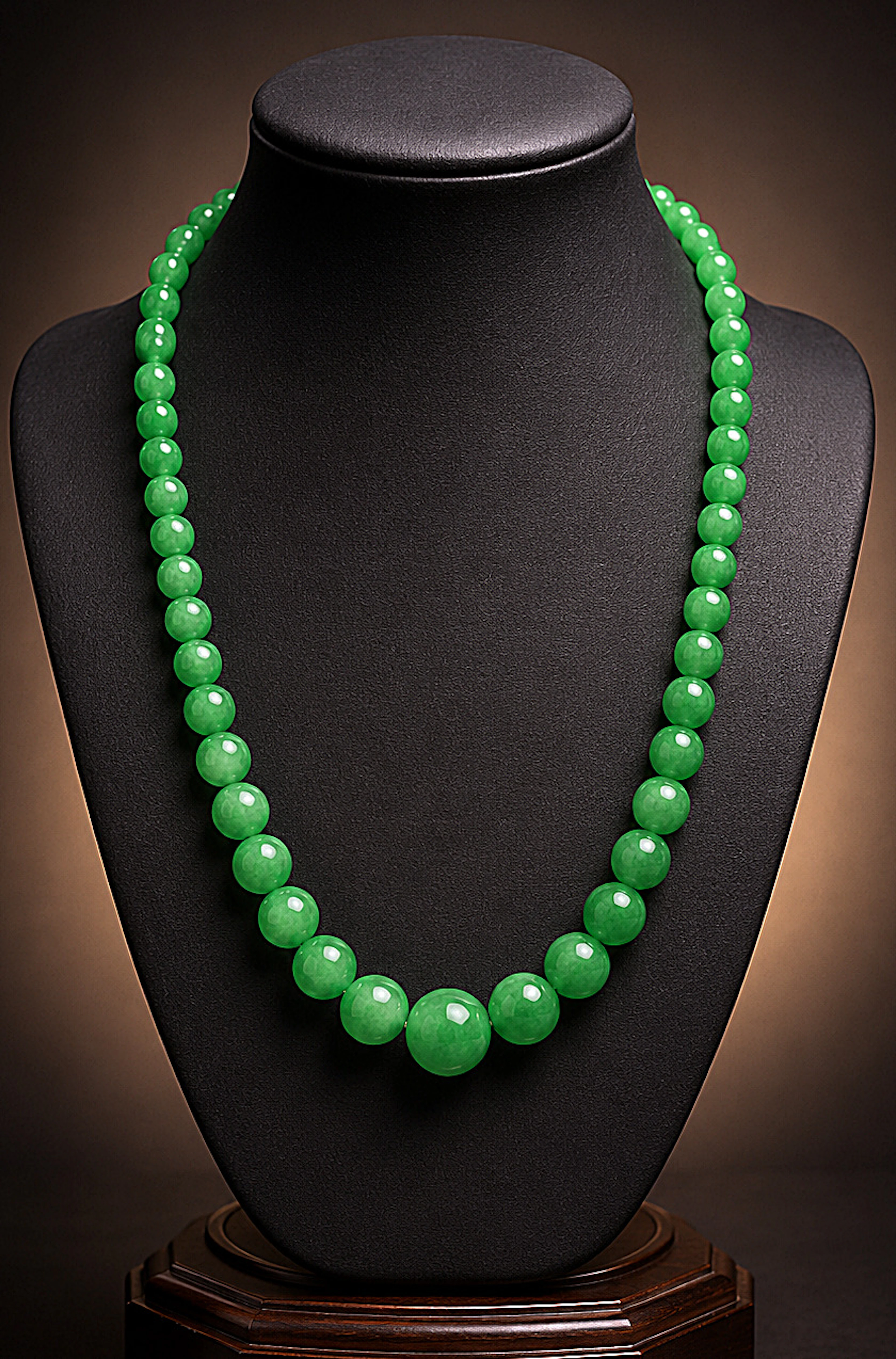 Vintage necklace of 63 spherical beads of natural emerald green jade